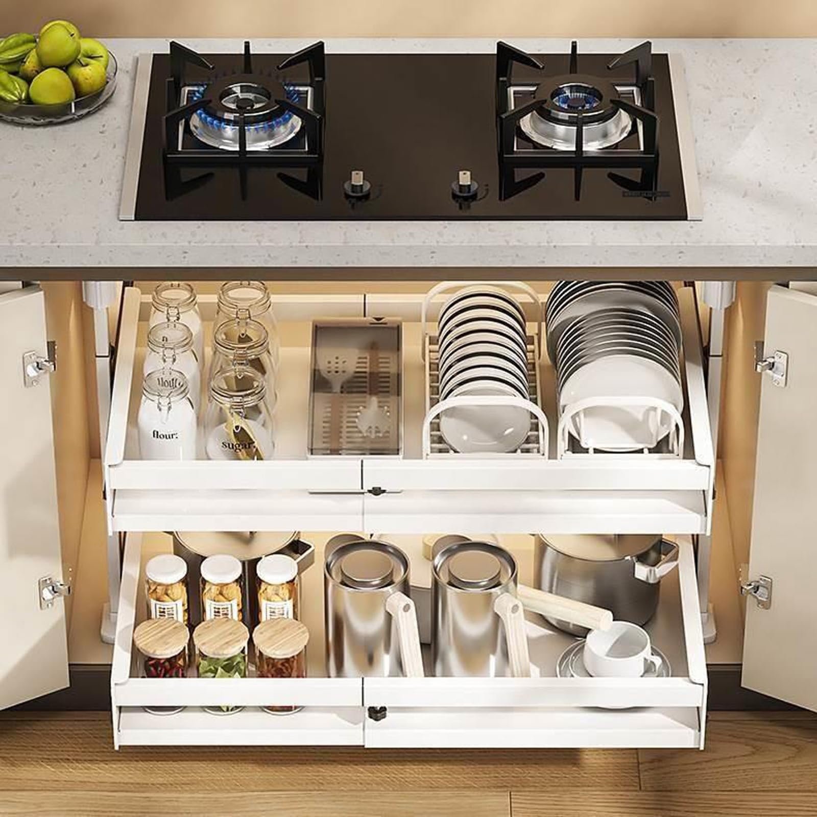 Tiroir De Cuisine Extensible À Deux Niveaux - Largeur Extensible : 49 À 80 Cm, Organiseur Extensible Pour Casseroles Et Poêles Sous L'armoire, Organisateur De Tiroir De Cuisine Sans Perçage(49*42*52.5