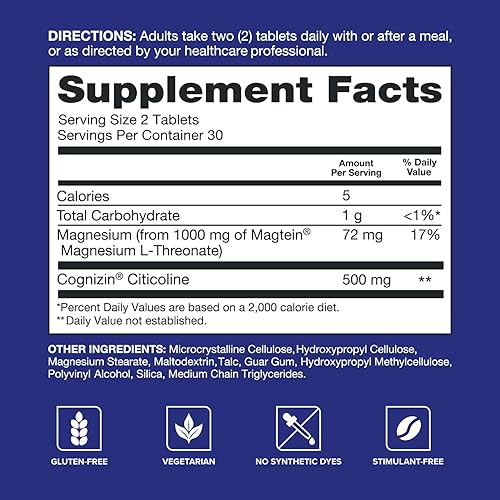Miniatura 5 de Qunol Brain Health Memory Plus, L-treonato de magnesio y citicolina, ingredientes clínicamente probados para mejorar la memoria, el enfoque, la