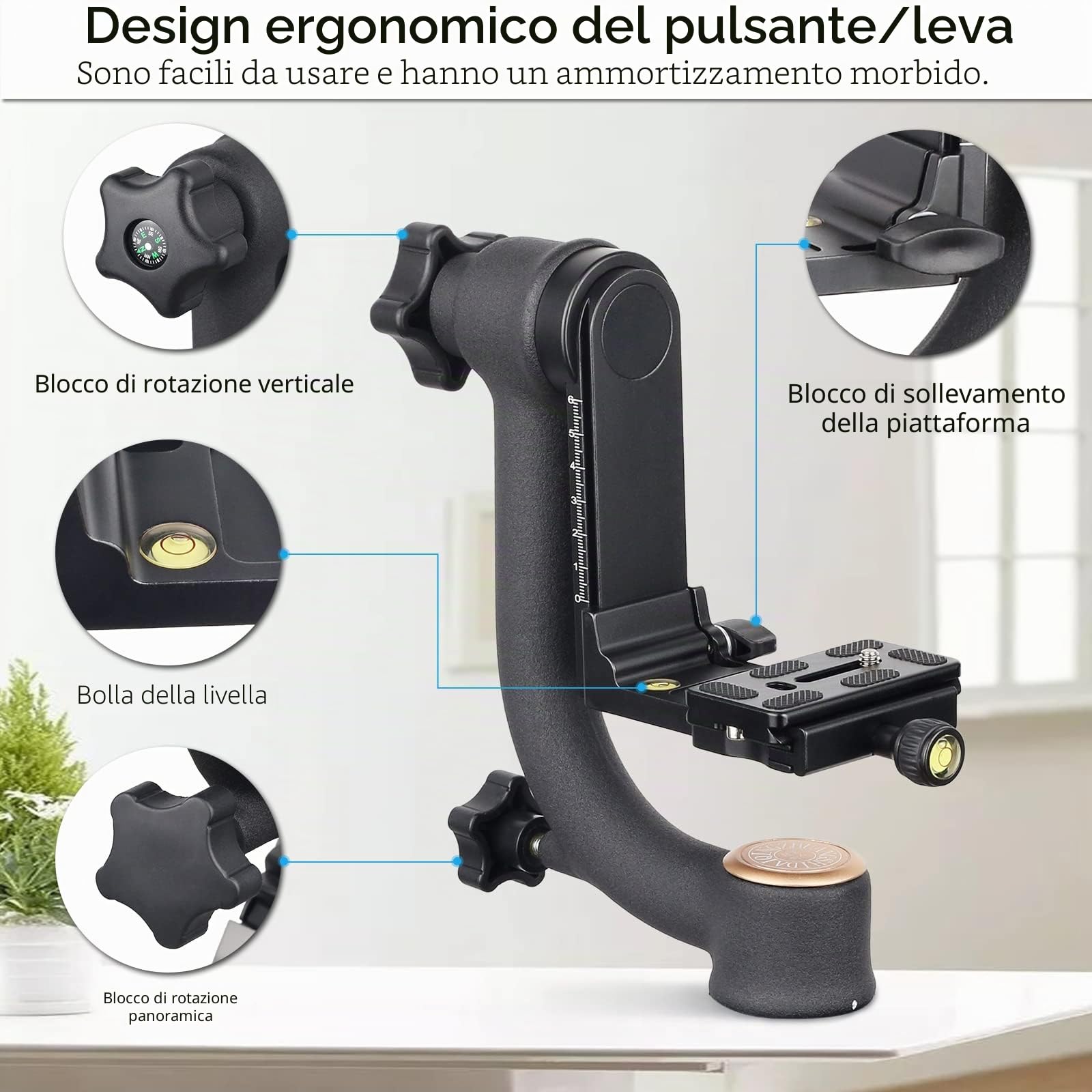 ARTCISE Testa per treppiede cardanico, testine per impieghi gravosi e piastra a sgancio rapido standard da 1/4 '' e livella a bolla per treppiede per fotocamera DLSR, carico massimo 20KG/44LBS