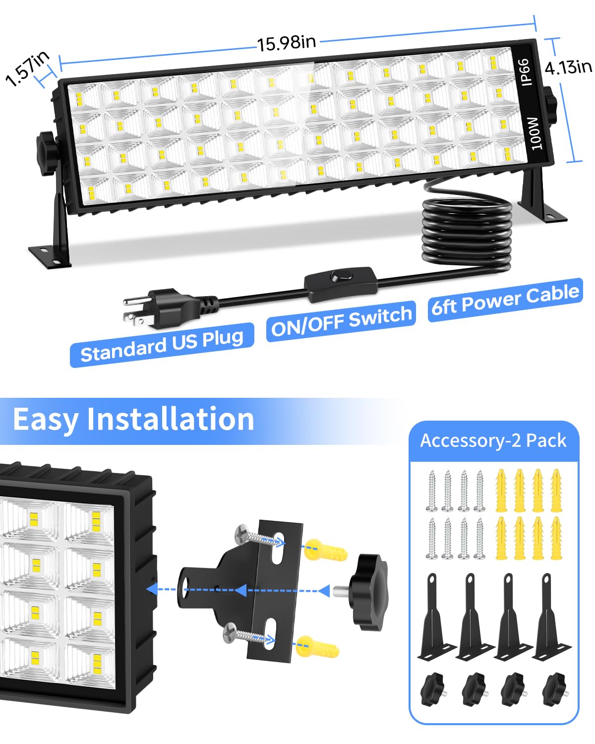 2 Pack LED Shop Light 100W 11000LM Ultra Brighter Plug in Garage Light with On Off Switch 6FT — view 5