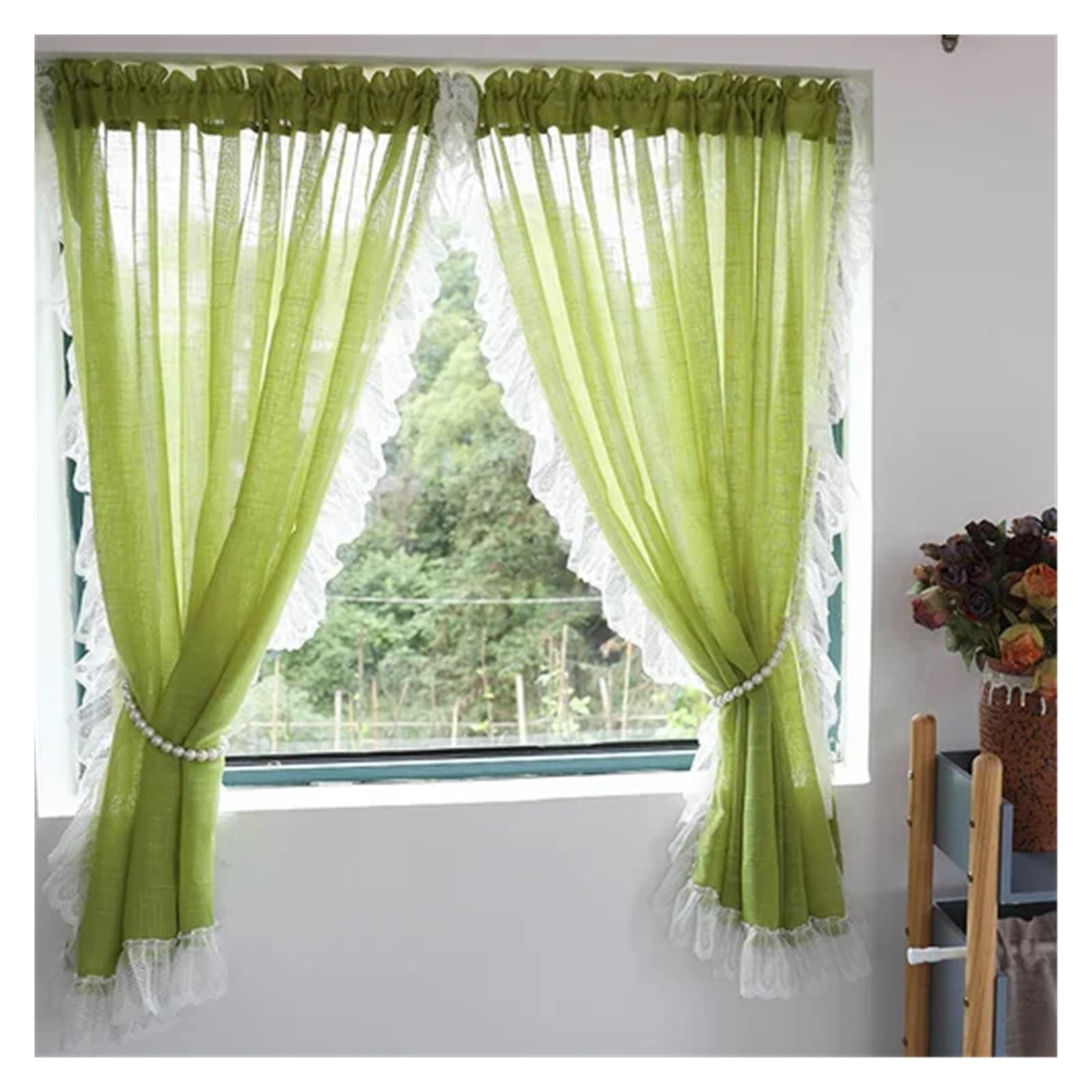 DFGRGRV Ruffle Curtains Green Purple Sheer Curtains For Living Room Bedroom Sweet Lace Short Curtain For Kitchen Bathroom Closet Window Decor(1PC Grass Green,Hook,W100 x H140CM-1PC)