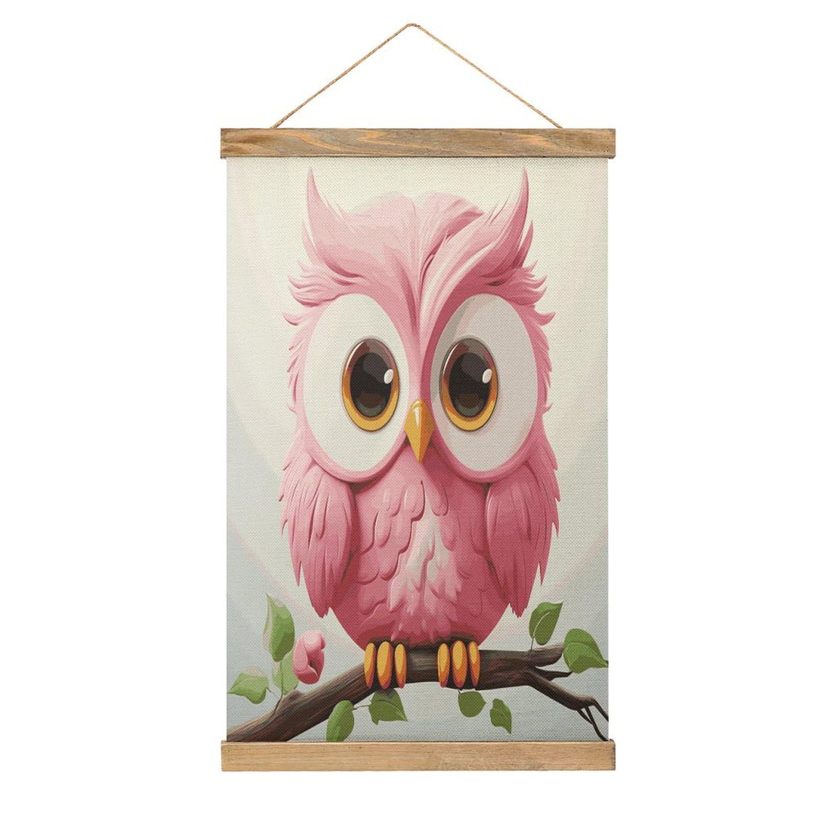 JTREHY A Pink Owl Linen Hanging Painting Vintage Poster Wall Art Prints Personality Style Wall Hanging Poster for Living Room Office Bedroom Decor Frame 13.2 X 20.47 Inch