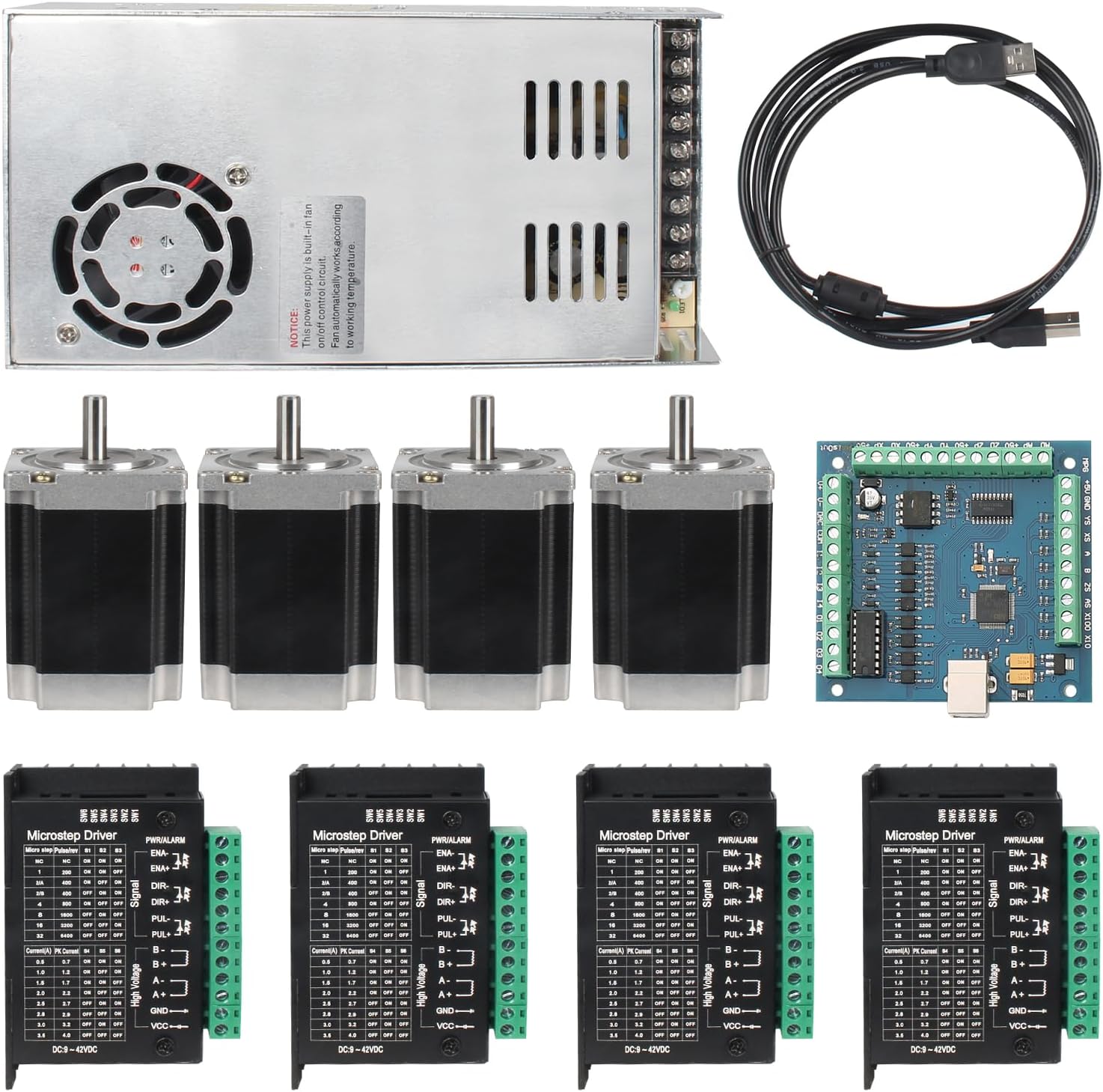 RATTMMOTOR CNC Controller Kit, 4 Axis CNC Kit with Nema23 Stepper Motor 57*76mm 270Oz-in 3A 1.8Nm, TB6600 Driver 4A, USB Mach3 CNC Motion Control Card Breakout Board, 24V Power Supply for CNC Machine