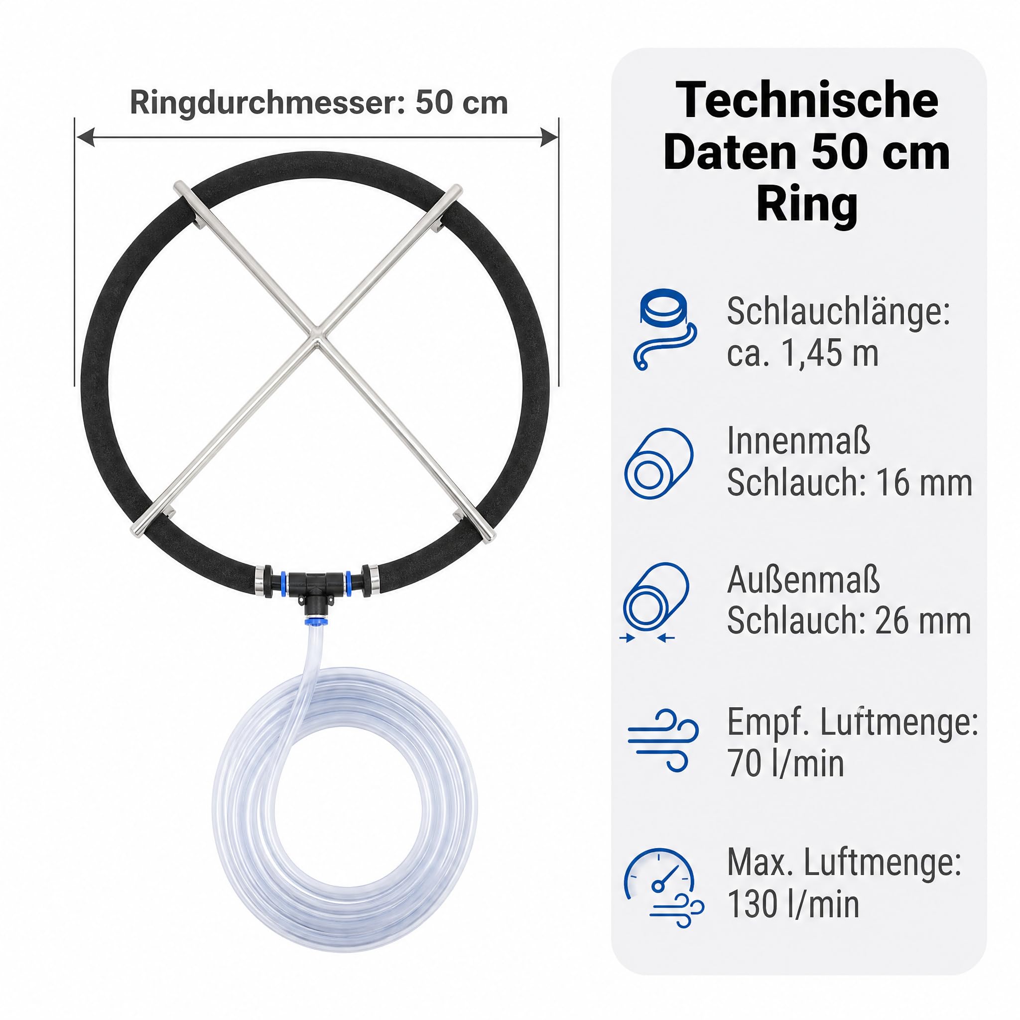 Pondlife Teichbelüfter Belüfterring 50 cm, japanischer Luftausströmer, selbstsinkend mit Edelstahlkreuz, feine Perlung, für Teichbelüftung, Koi-Teich und Filterkammern, Schlauch mit Innenmaß 16 mm