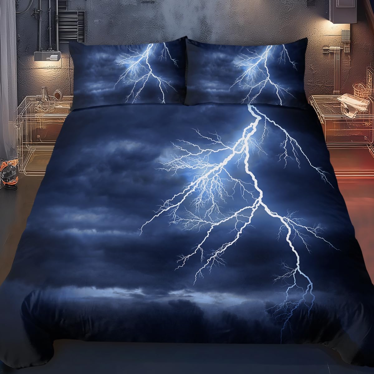 Blessliving Men's Lightning Storm Bedding Lightning Strike Duvet Cover Set With 2 Pillow Shams 3 Piece King Size Navy And White Bed Sets For Teens Kids Boys And Girls