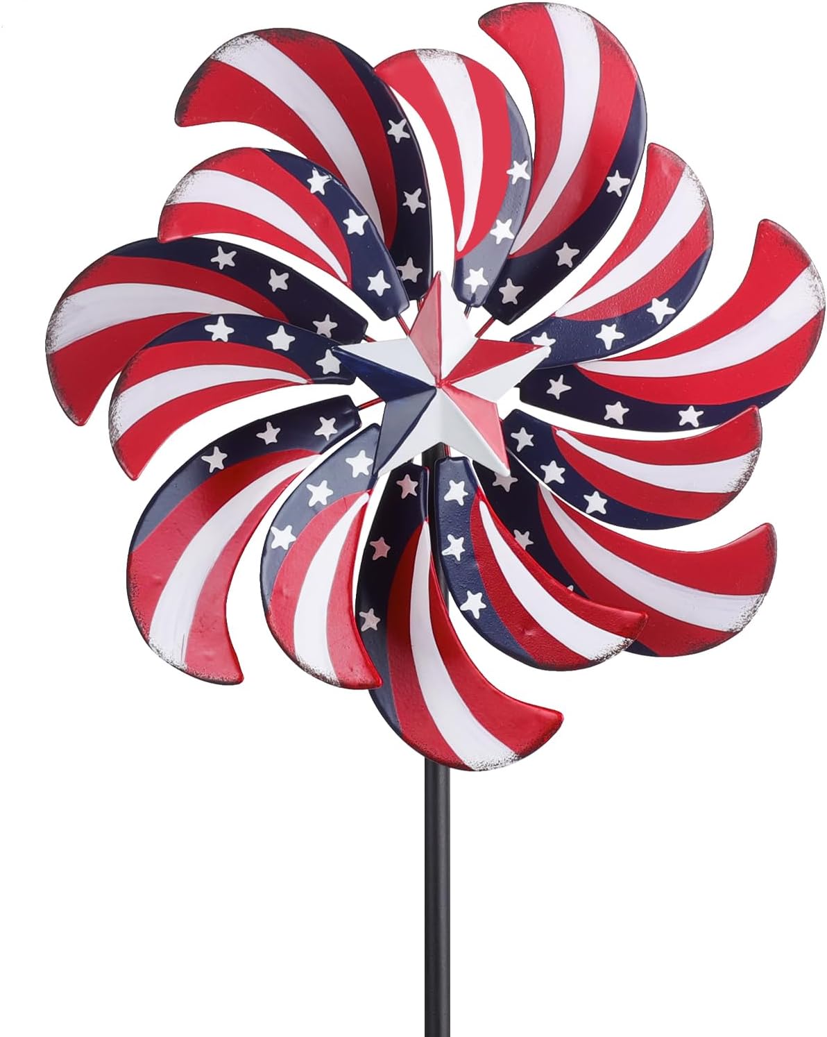 hogardeck 4th of July Wind Spinners Outdoor, Metal Wind Spinners with Stakes for Patriotic Decorations, 360° Rotating Double Layers Windmill Yard Art for Outside Lawn Porch, Red White Blue