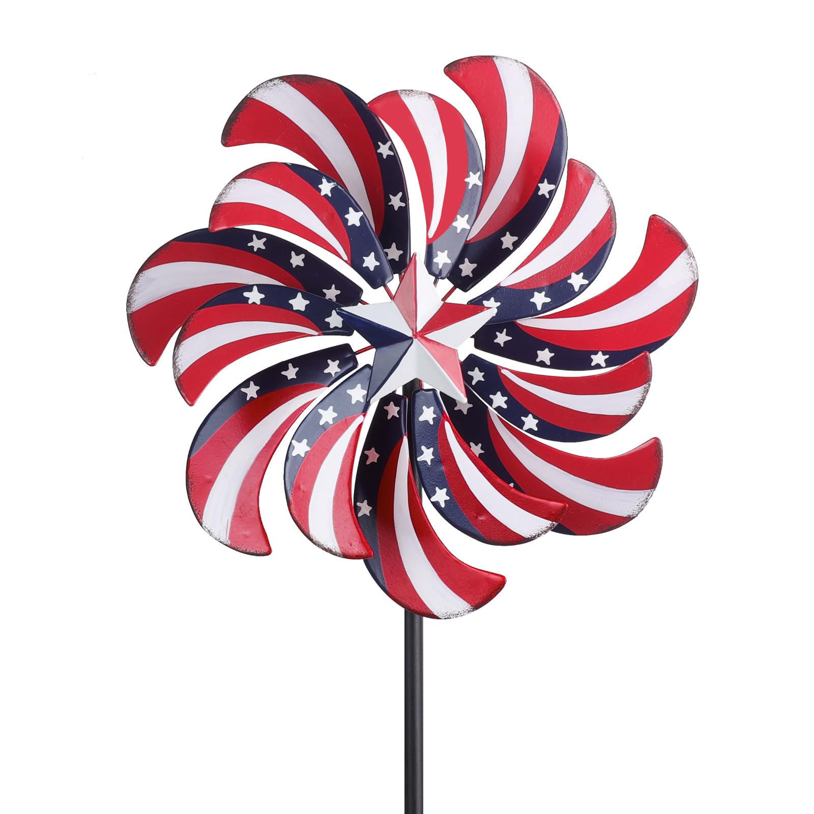 Photo 1 of hogardeck 4th of July Wind Spinners Outdoor, Metal Wind Spinners with Stakes for Patriotic Decorations, 360° Rotating Double Layers Windmill Yard Art for Outside Lawn Porch, Red White Blue