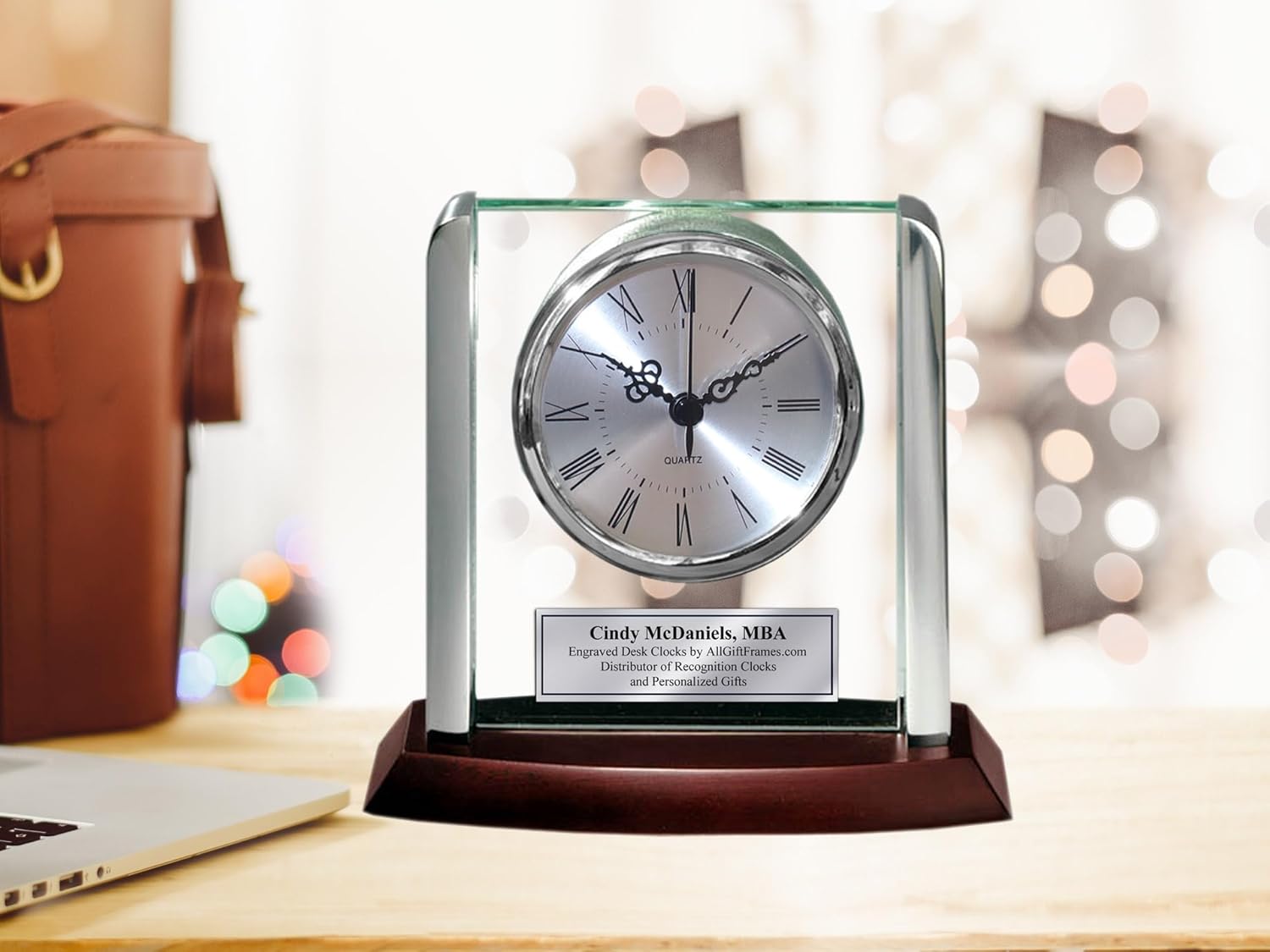 AllGiftFrames Engraved Clock with Silver Post Suspended on Acrylic Silver Engraving Plate Personalized Retirement Wedding Gift Employee Recognition Award Anniversary Service Employee Coworker Retire