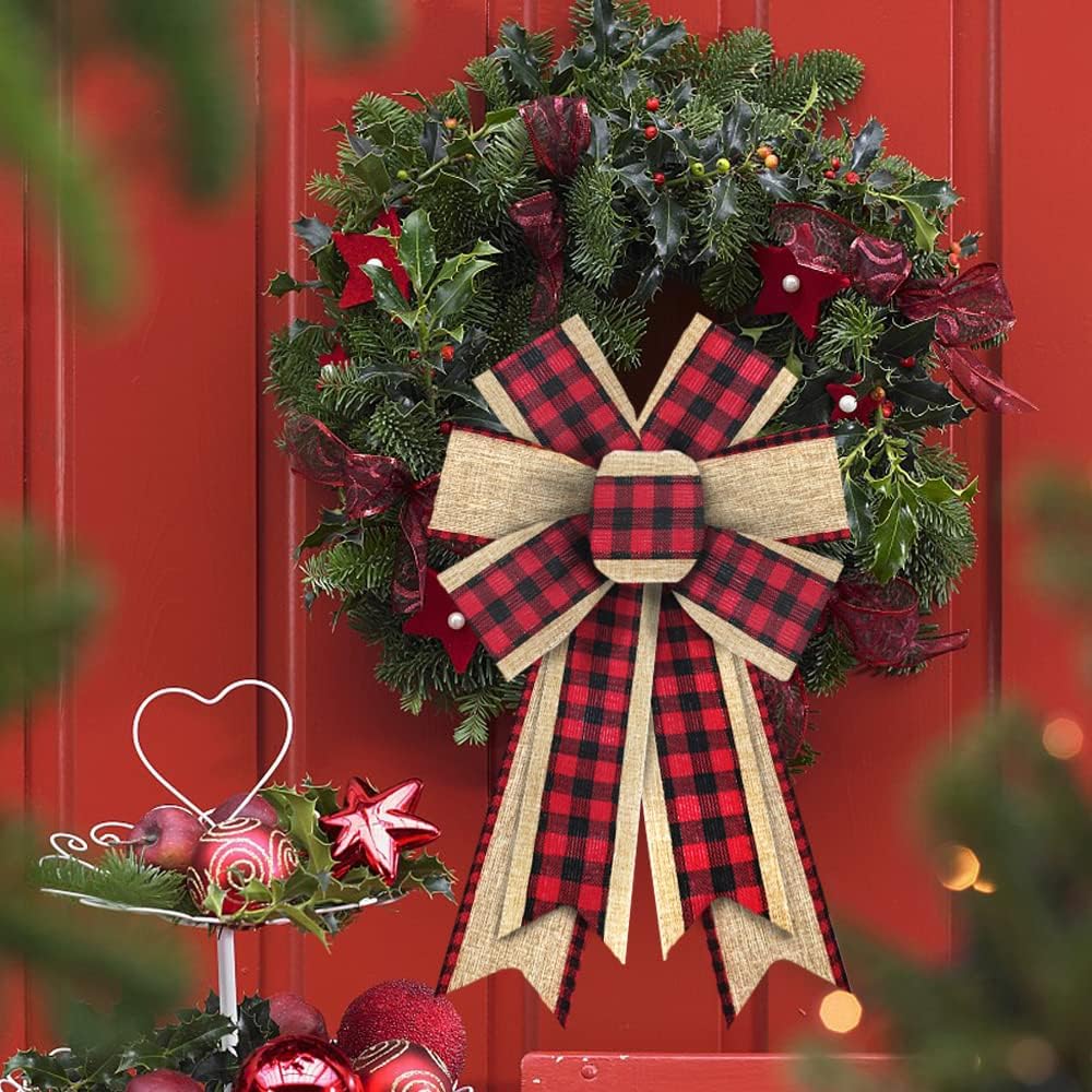 On-Airstore 2pcs Christmas Wreath Bows Red Buffalo Plaid Burlap Bows for Wreaths, Christmas Ribbon Bow Tree Topper Bow for Home Indoor Outdoor Decoration Wreath Ornament Supplies - Image 3