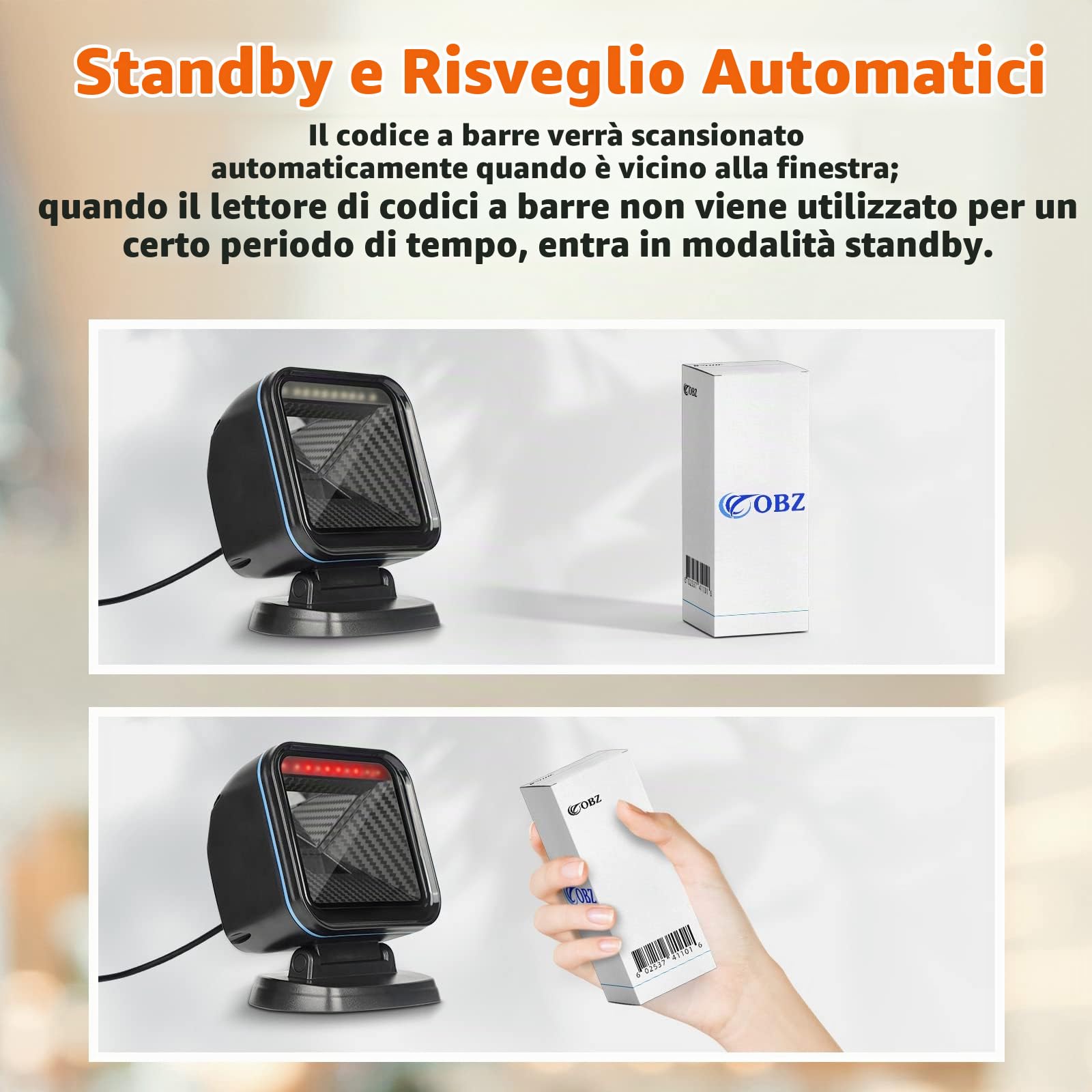 OBZ 1D 2D lettore Barcode da Banco, Lettore Codice a Barre cavo USB Cablato Lettore QR Code e Barcode per PC, Scanner di Codici a Barre da Tavolo Magazzino Supermercato Negozio POS