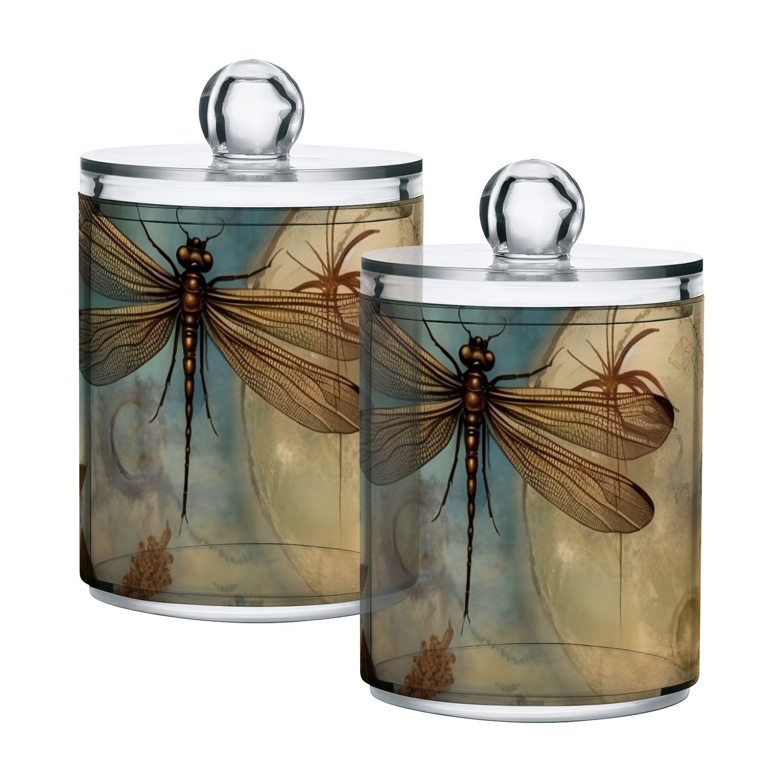 YMGQYJ Qtip Cotton Ball Holder Dispenser with Lid, Dragonfly Moon Print Plastic Jars Bathroom Canisters Storage Organizer 2 Pack
