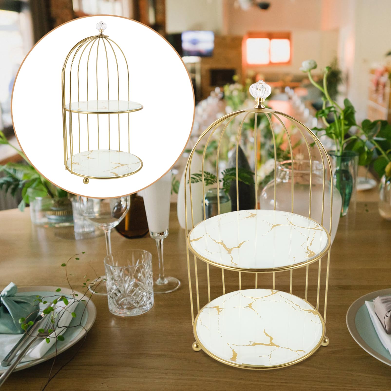 PréSentoir À GâTeaux Doré En MéTal 2 Niveaux Cage À Oiseaux Support GâTeau Pour FêTe Mariage Anniversaire Et Thé De L'AprèS-Midi