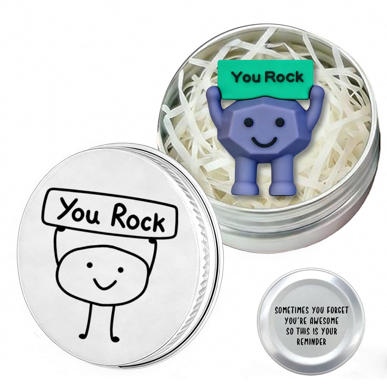 PHIOMUUE You Rock Mini Rubber Rock Figurine with Inspirational Sign-Motivational Gift in a Tin for Women, Friends, Coworkers, Teachers-Positive Affirmation Desk Decor & Spiritual Encouragement Gift