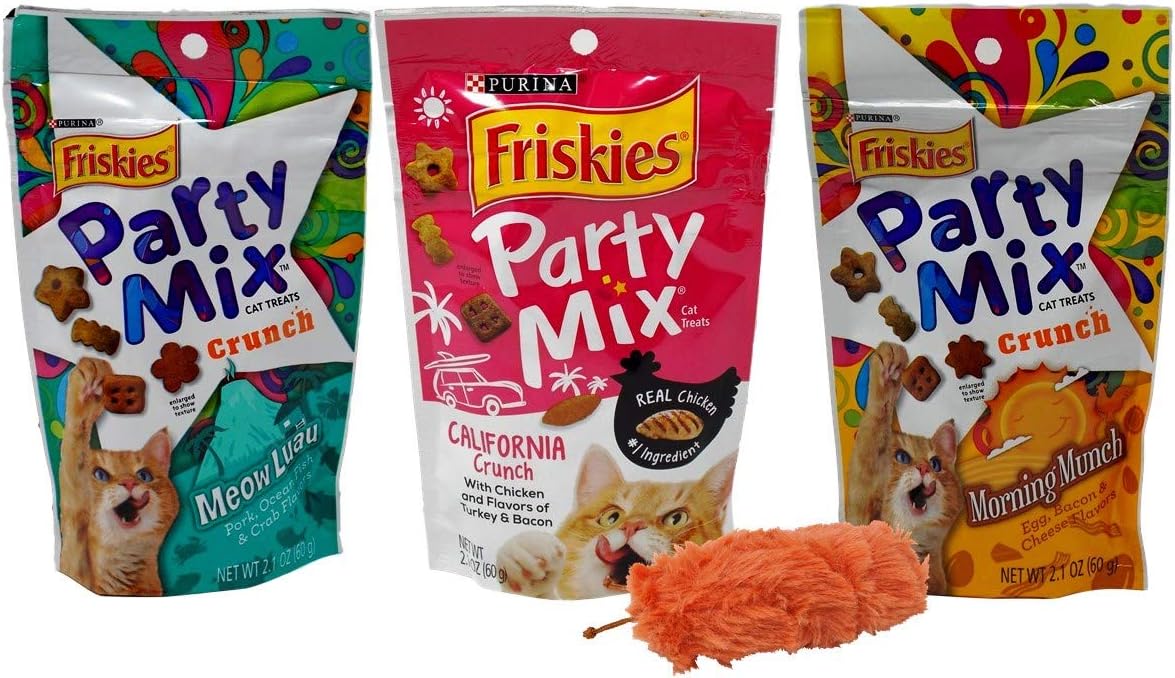 Friskies Party Mix Treats for Cats 3 Flavor Variety Bundle with Catnip Toy, (1) Each: Meow Luau, California Crunch, Morning Munch (2.1…