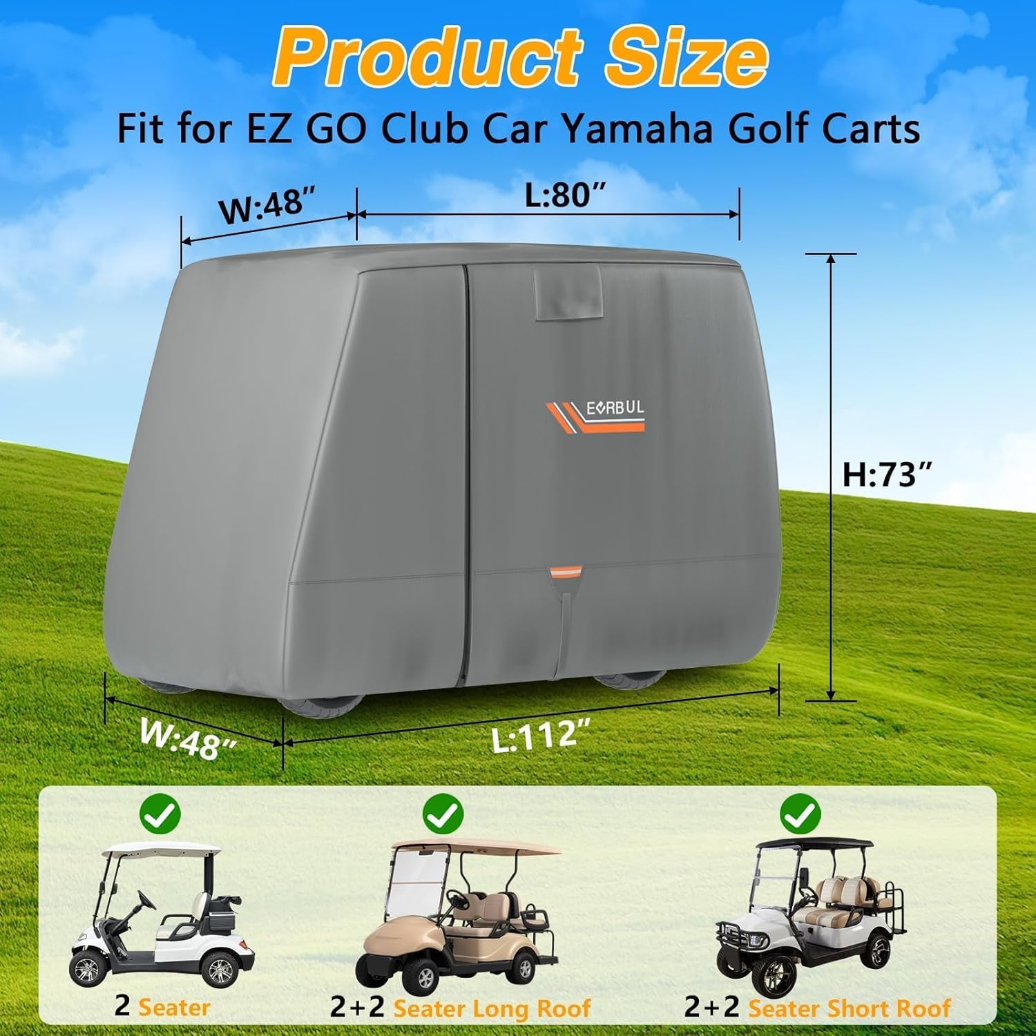 EVRBUL Golf Cart Cover 2/2+2/4 Passenger Heavy Duty 420D Waterproof Golf Cart Covers with Three Zipper Doors Compatible with EZGO, Club Car, Yamaha Golf Carts,Windproof Sunproof Golf Cart Cover (Gray)