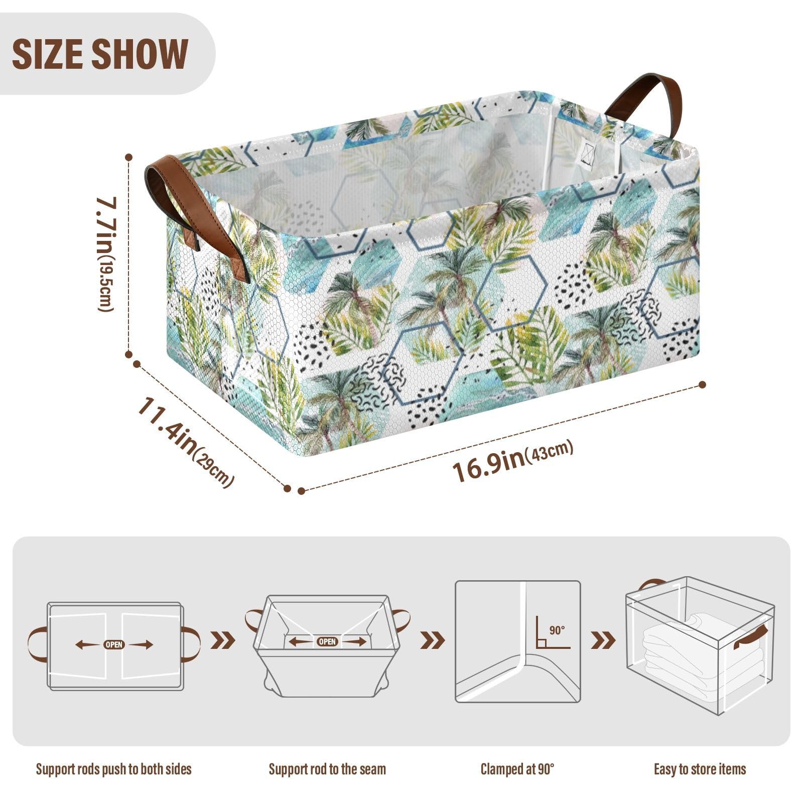 Fygkptb Tropical Leaves and Palm Trees Geometric Shapes Hexagons Marbling 2 PC Rectangle Foldable Frame Basket Leather Handles Storage Bin for Laundry Bathroom Organizer 16.9 x 11.4 x 7.7 inch