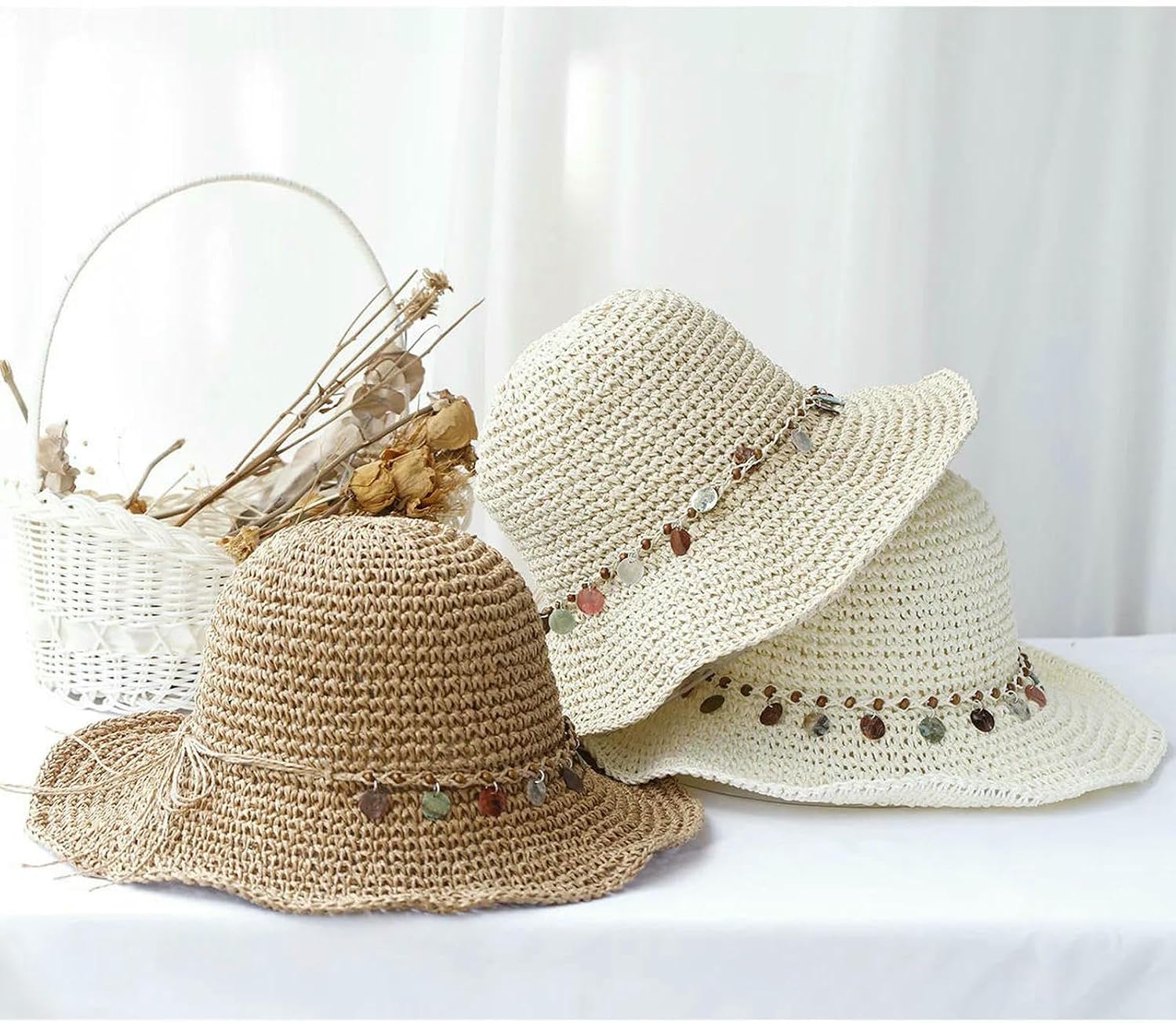 Women's Straw Hat Fashion Crochet Bucket Hat Foldable Sunhat for Beach Travel Vacation