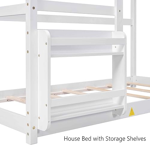 Miniatura 5 de RIDFY Cama de casa individual para niños, cama infantil con estante y techo, cama individual moderna, base de cama de plataforma de madera, no