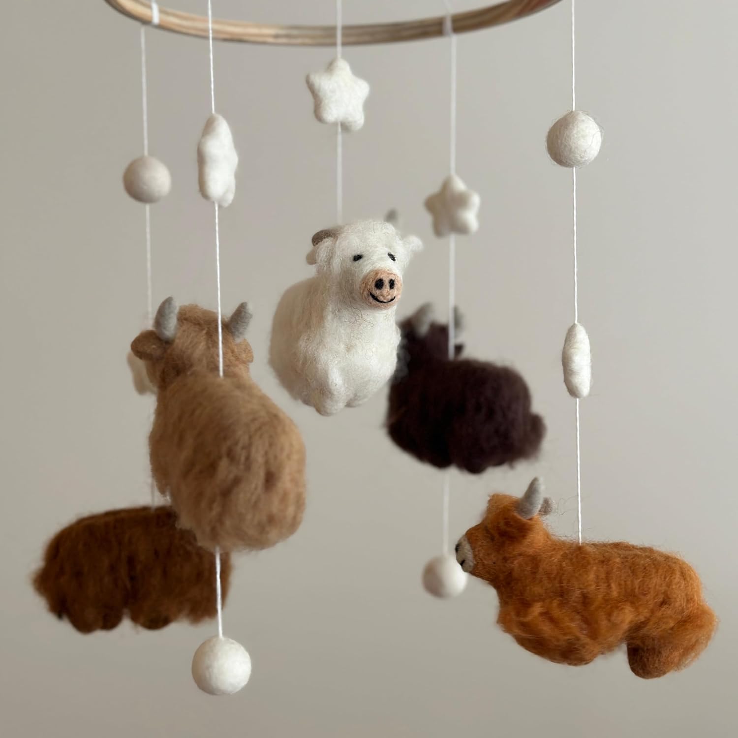 Handmade Felt Highland Cow Nursery Mobile, Highland Cow Crib Mobile for Boys & Girls, Boho Nursery Decor, Natural Wool Highland Cow Hanging Mobile, Unique Baby Shower Gift, Handcrafted in Nepal