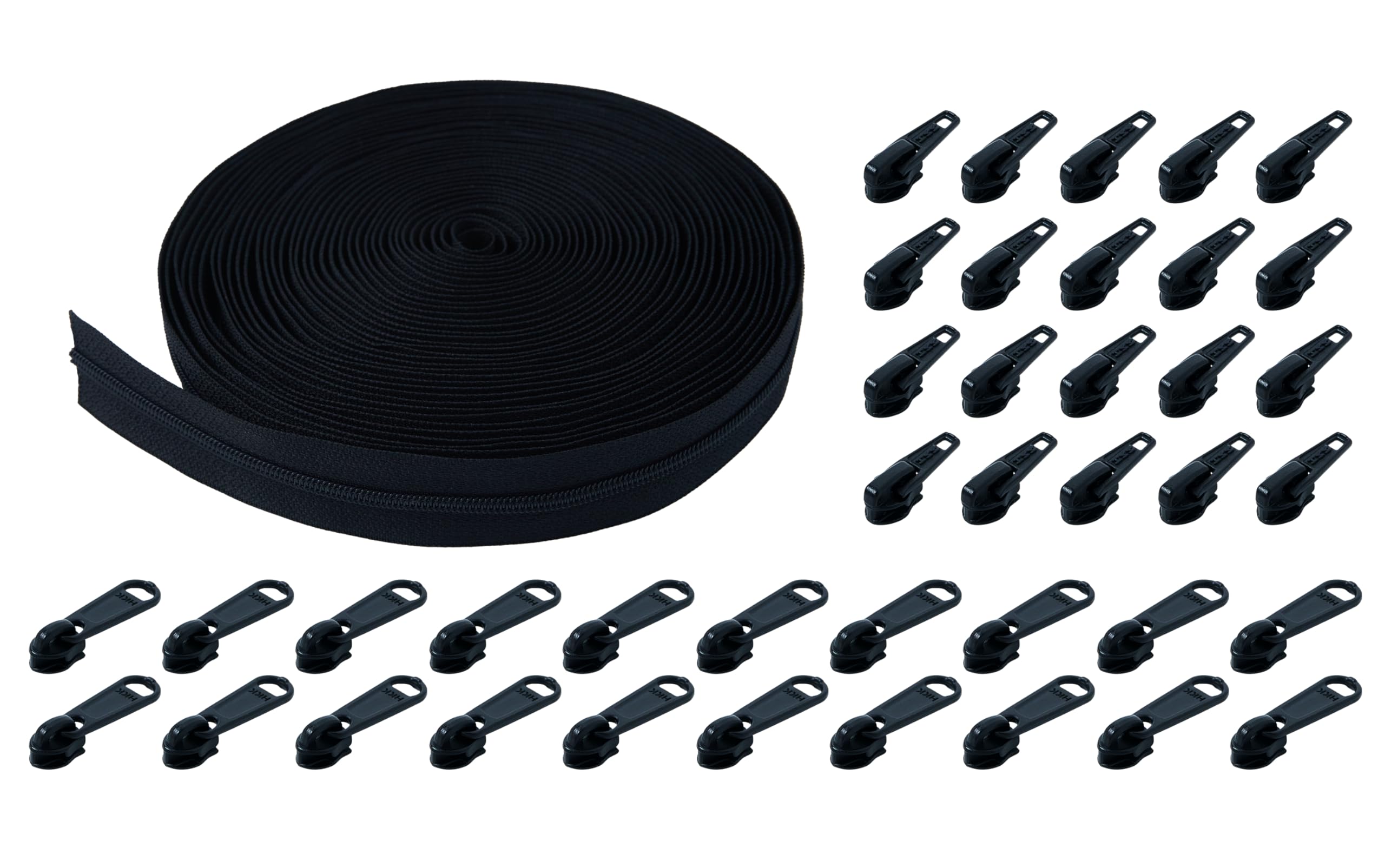 HKK 10 Yards #3 Nylon Coil Zipper Roll with pulls 40 Sliders – 20 Non-Locking + 20 Auto-Locking – for Sewing, DIY Crafts, Bag & Clothing Repairs (Black Color)