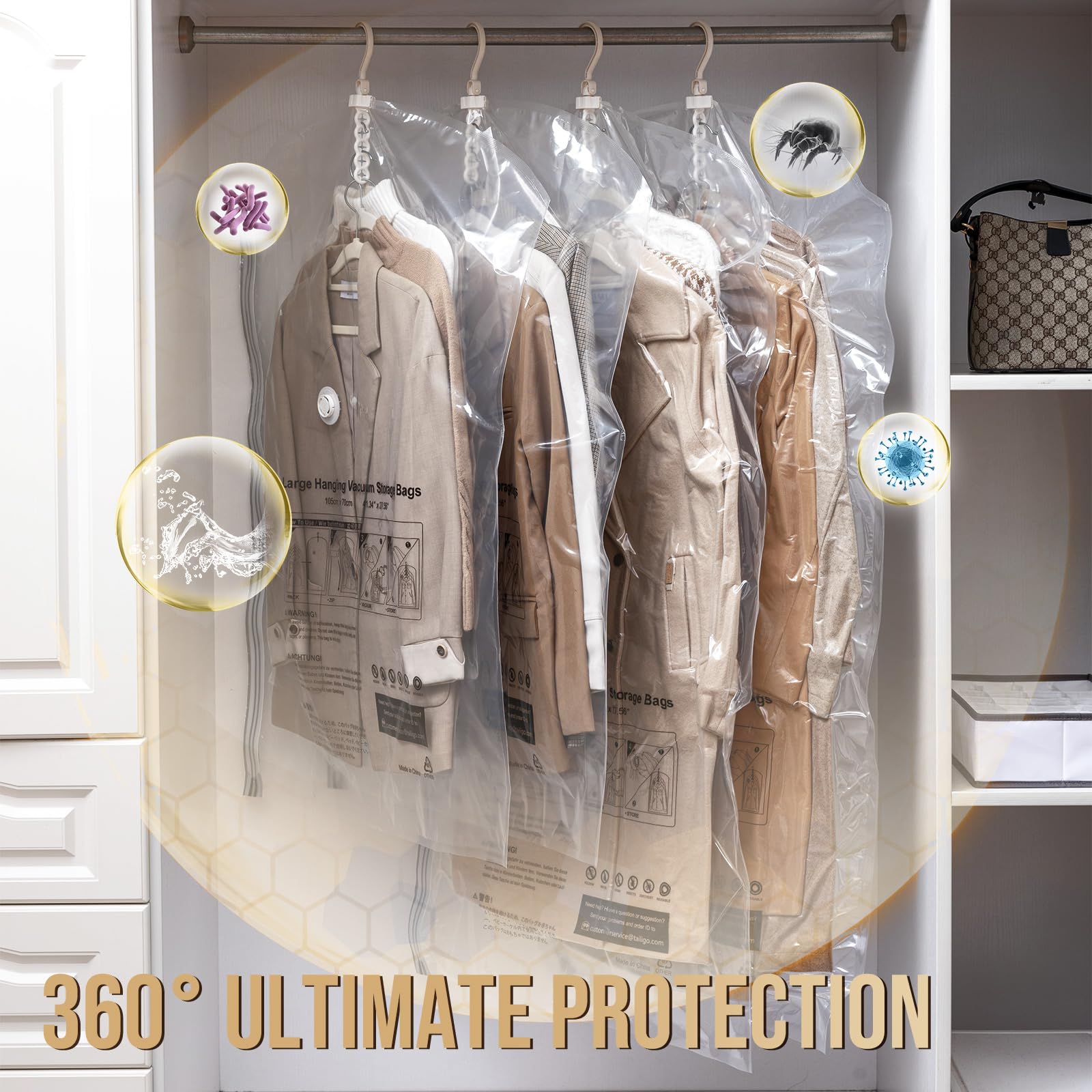 TAILI Bolsas colgantes de almacenamiento al vacío con bomba de aire eléctrica, bolsas de sellado al vacío para ropa, viajes, perchas de ahorro de espacio para ropa, abrigos, trajes y chaquetas, juego