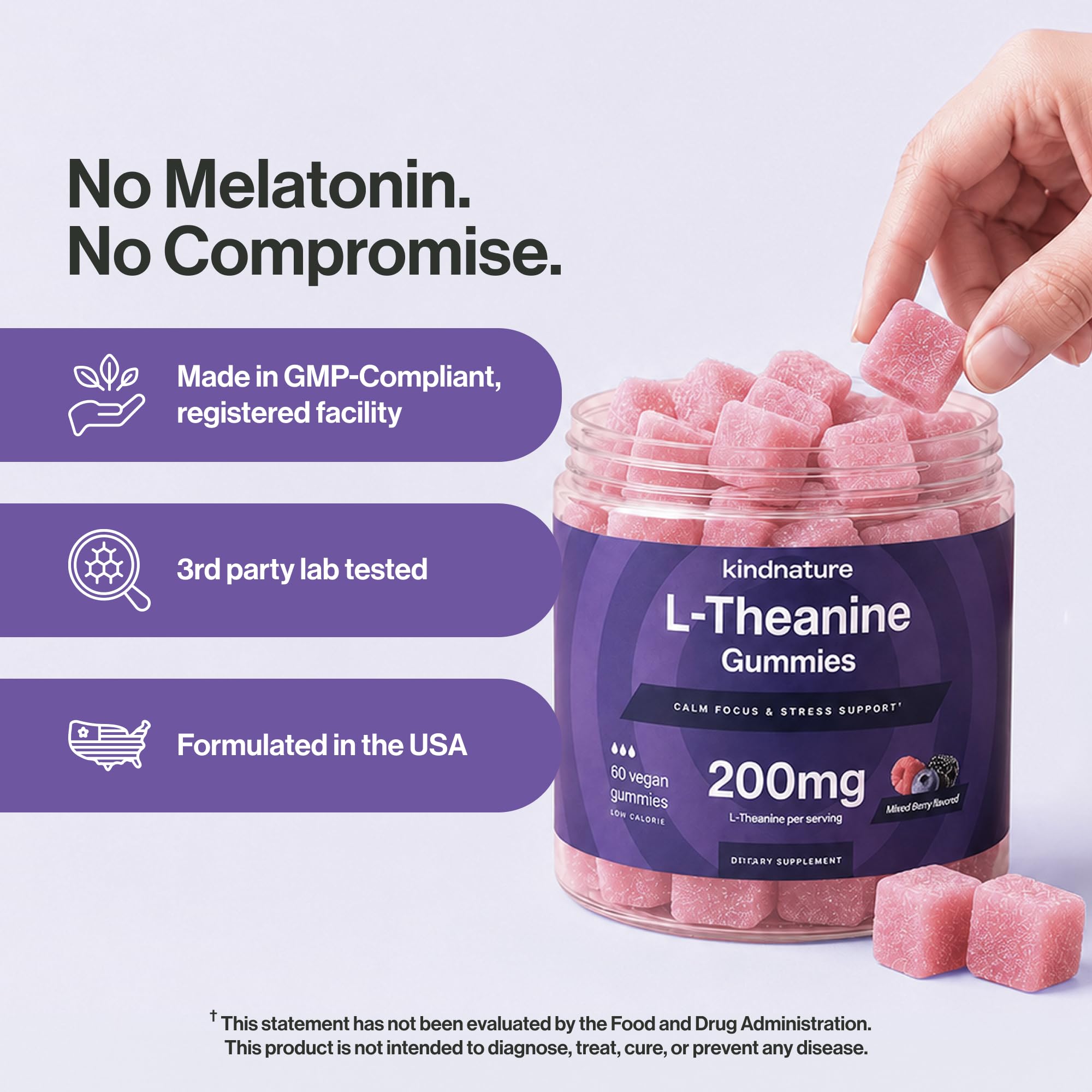 kindnature L-Theanine 200mg Gummies for Kids 4+ & Adults – Pure Single-Ingredient Calm & Focus Chewables – Clinical Dose, Non-Drowsy Relaxation – Vegan, Mixed Berry – 60 Ct — Amazon image 8