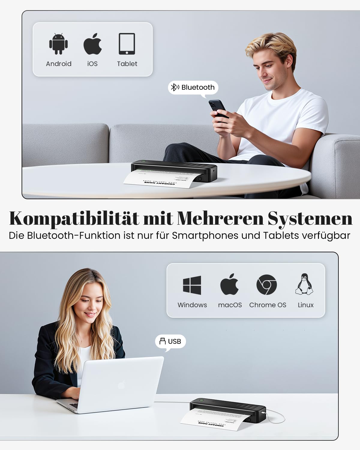 TATTMUSE Thermodrucker A4, Mobiler Drucker A4 für Unterwegs, Bluetooth Tragbarer Drucker für Fahrzeuge, Büro, Zuhause, Schule, Kompatibel mit iOS, Android, Laptop