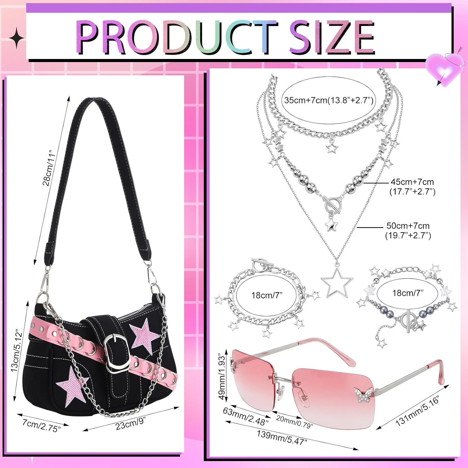 Cunno 5 Pcs Y2k Punk Style Accessories Set 2000s Black Purse Star Fringe Necklace Bracelet Jewelry Set and Pink Gradient Butterfly Sunglasses for Women, Cute Y2k Outfits