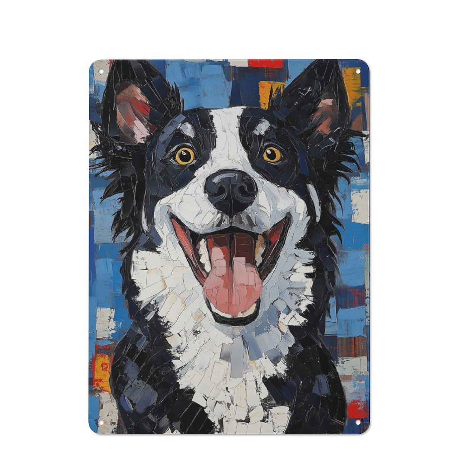 Smiling Border Collie Painting Understated Metal Wall Decor 40x30cm, Decorative Metal Sign for Workspace, Cafe, Shop Or Desk Area