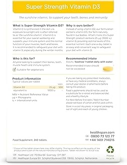 Healthspan Super Strength Vitamin D3 | Immune Health | Bone, Teeth & Muscle Health | Contains 1,000iu of Natural Source Vitamin D3 in Each Tablet | Vegetarian (240 Tablets)