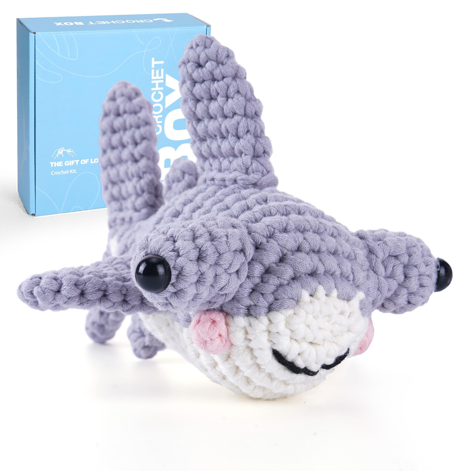 CROCHET BOX Crochet Kits for Beginners Adults, Hammerhead Shark Complete Crochet Starter Set with Soft Yarn, Easy-to-Follow Instructions and Video Tutorials, Birthday Gift for Adults