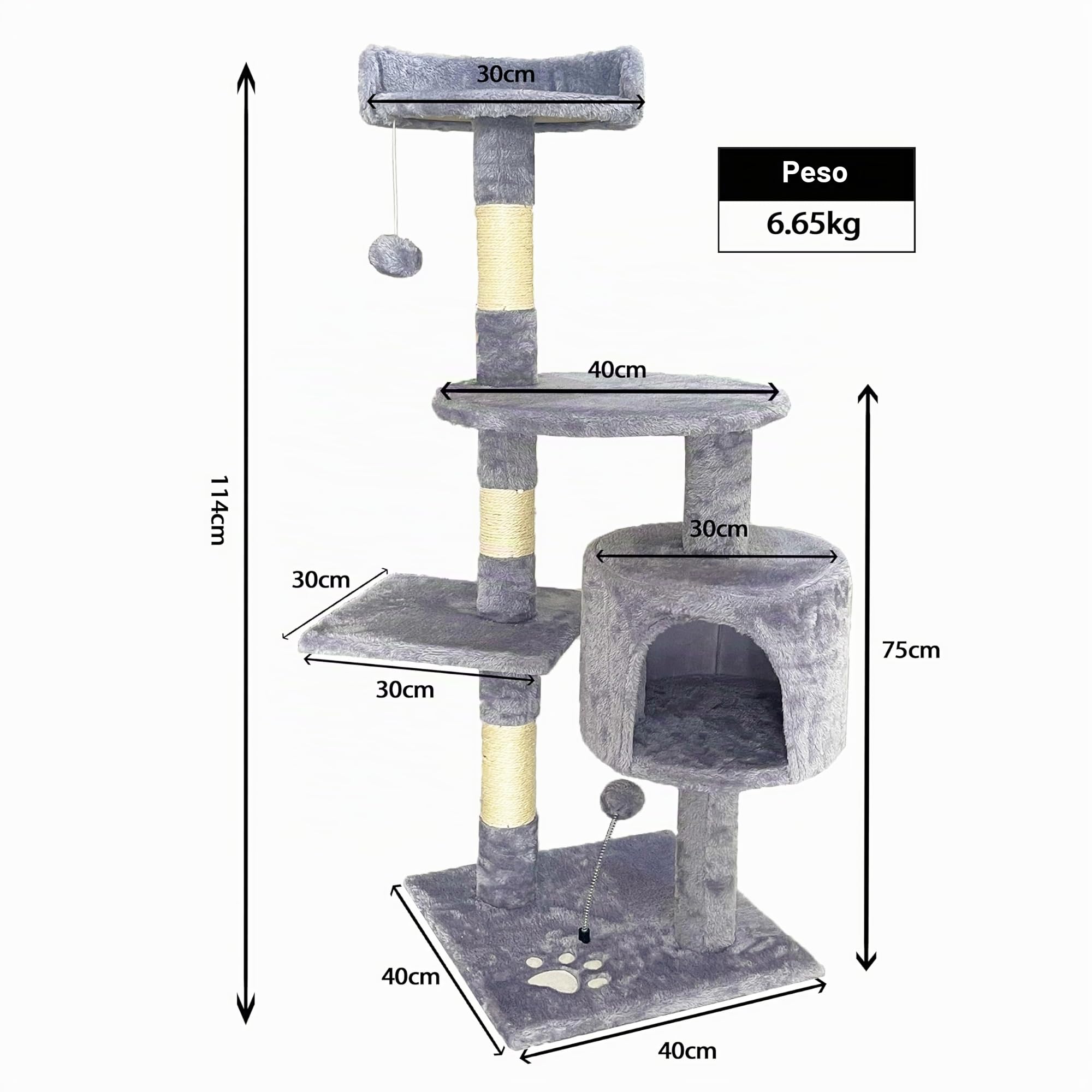 Aitodos® Arbol Rascador para Gatos,Gris Claro,115 cm de Altura,5 Pilares, 4 Plataformas, 1 Cueva de Gatos y 2 Bolas Colgantes, Tabla de Rascado de Gato, Tela de Felpa,Torre para Gatos