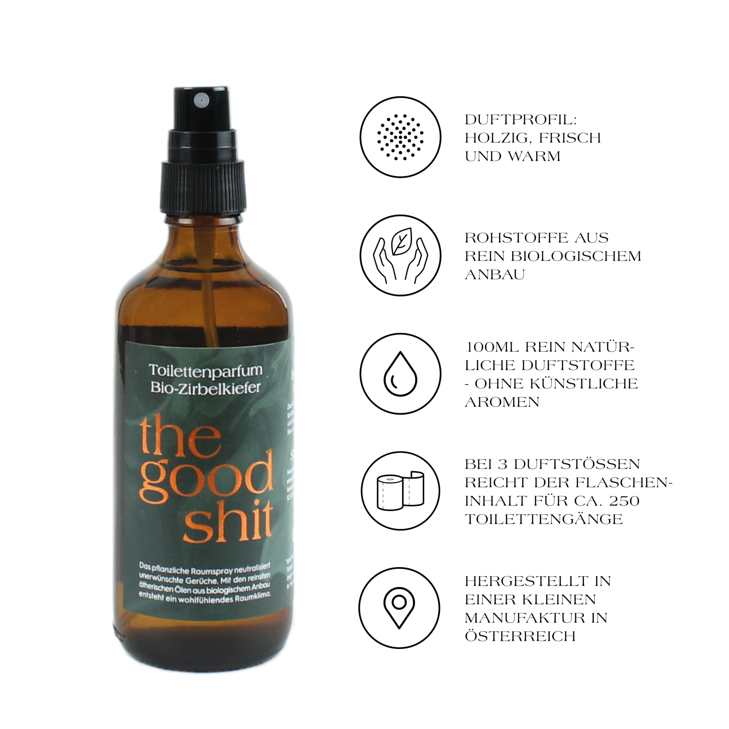 Toilettenparfum (100ml) aus ätherischen Bio-Ölen als Lufterfrischer fürs WC: thegoodshit Zirbelkiefer — WC Spray