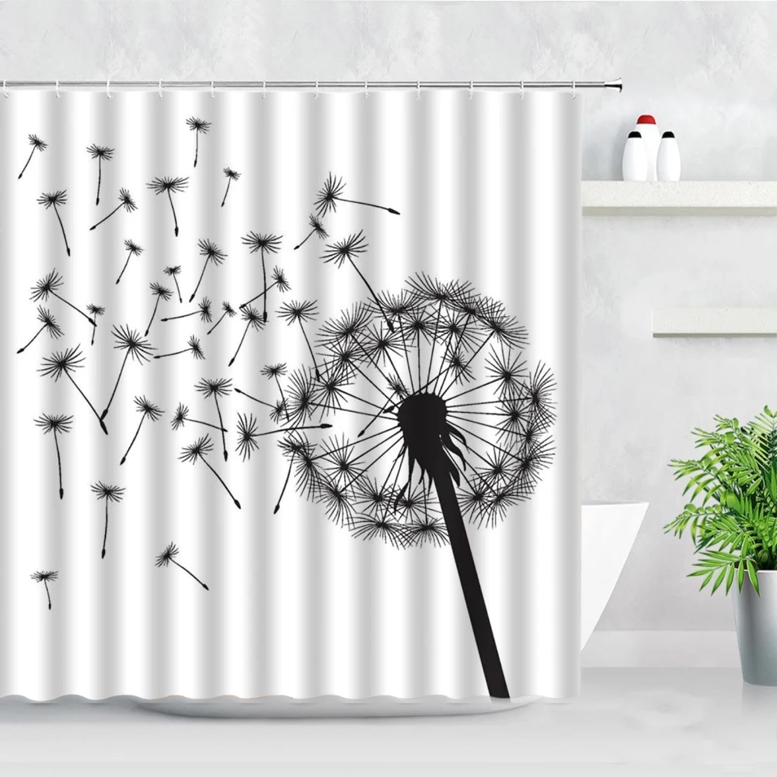 Rideau de douche pissenlit noir tissu imperméable anti-éclaboussures 80x180