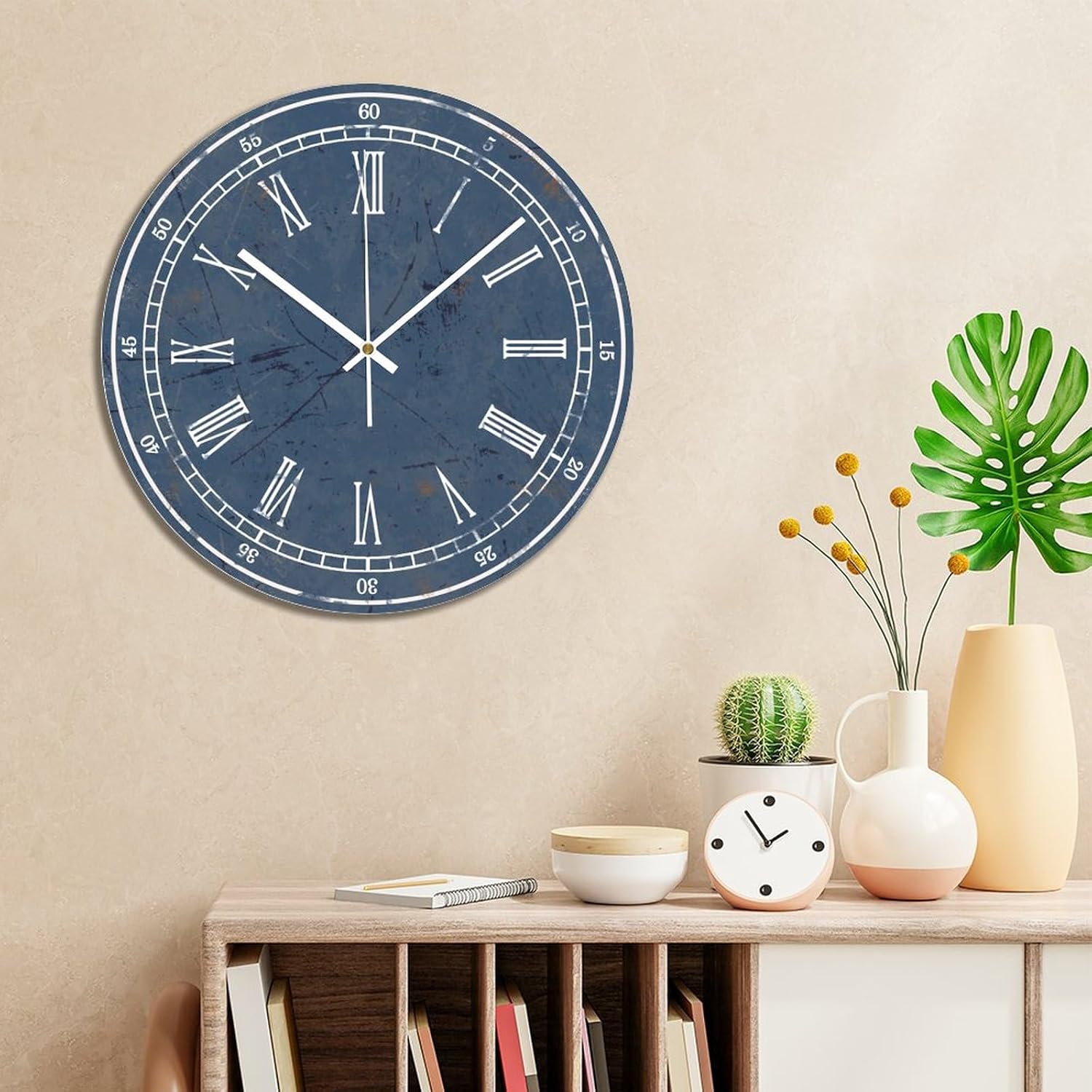 Navy Blue Wall Clock Vintage Navy Blue PVC Clock 15x15 Inch Farmhouse Battery Operated Quartz Analog Quiet Clock for Living Room Housewarming Christmas Birthday Gift Laundry Room