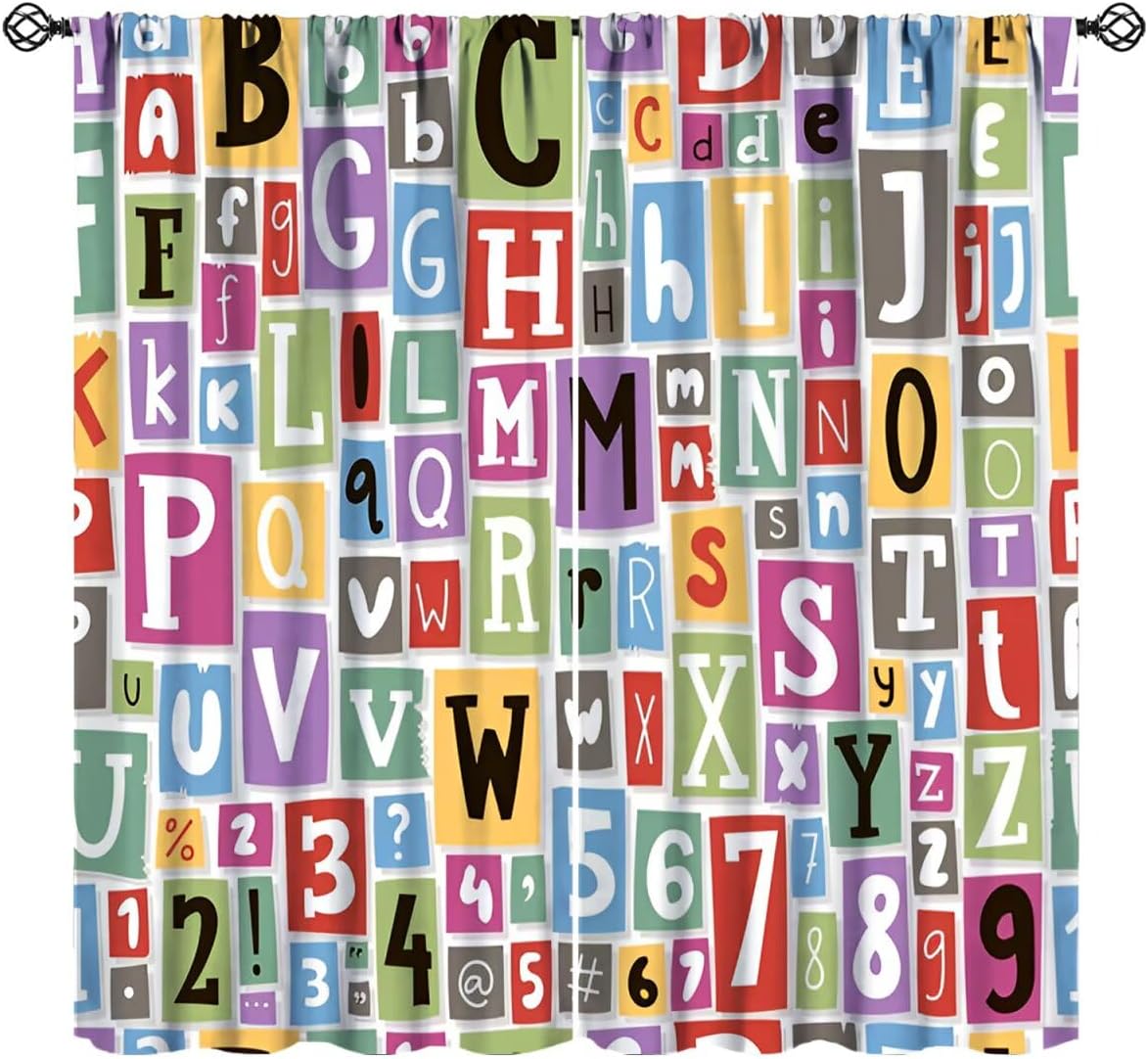 Colorful Alphabet Collage Curtains, Education ABC Letters Numbers Learning Print Window Treatment for Kids Children Room Nursery Classroom Decor, 52" W X 84" L