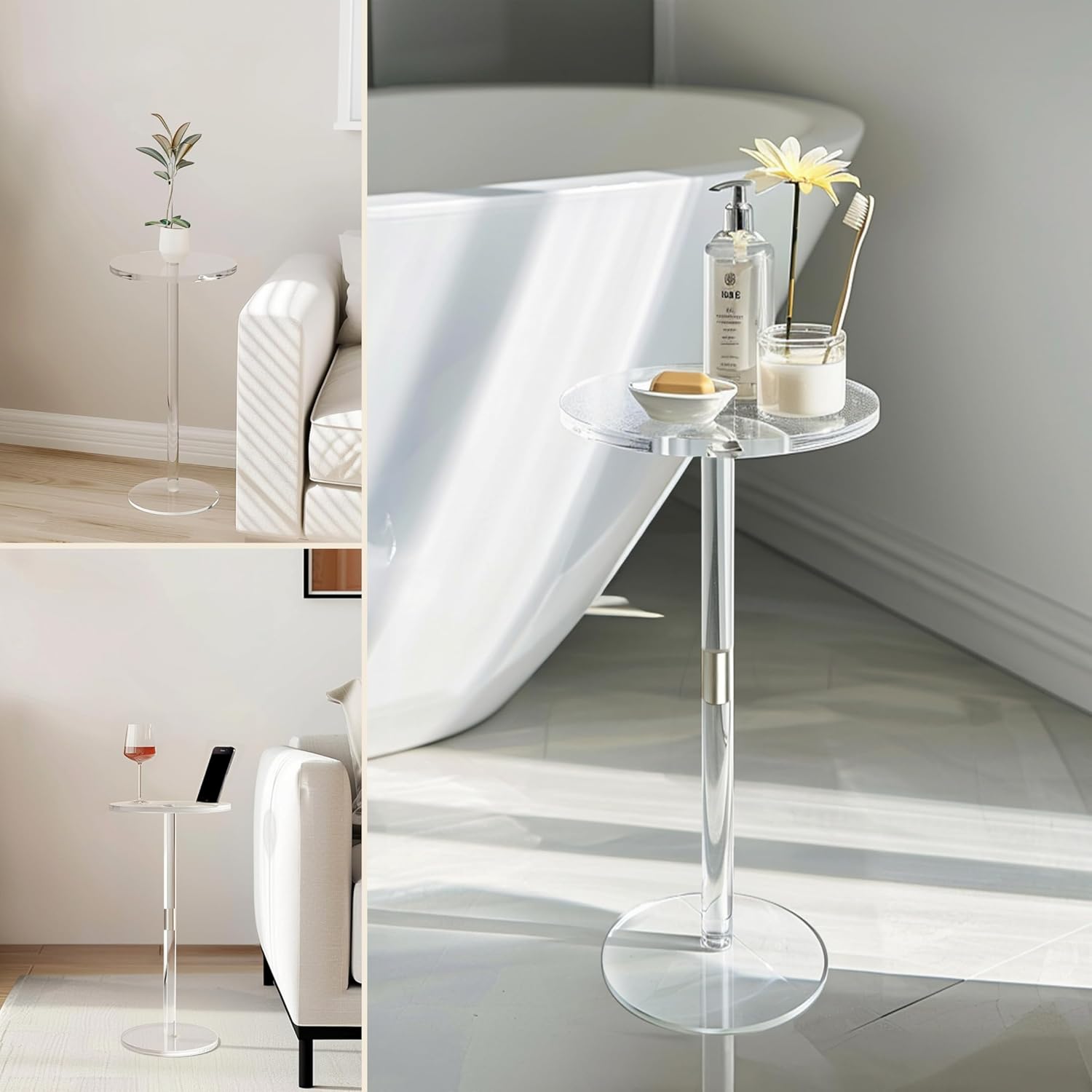 Acrylic Drink Table, Small Round Side Table for Small Space, Pedestal End Tables with Phone Holder, Multi-Use Modern Accent Tables, Martini/Cocktail Table for Living Room 10"X21" Easy Assembly