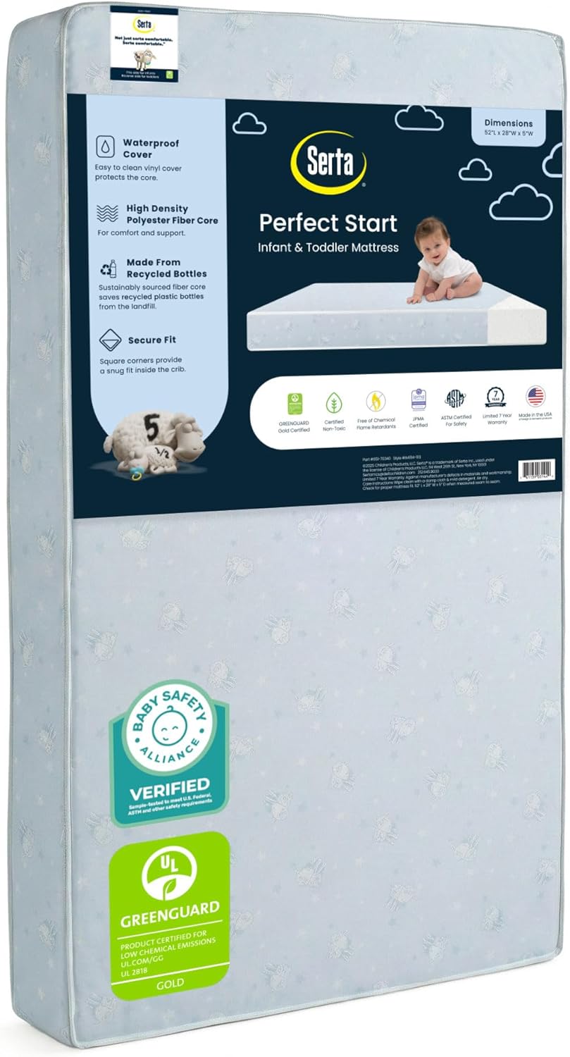 Serta Perfect Start Dual Sided Baby Crib Mattress & Toddler Mattress - Waterproof - 6" Premium Sustainably Sourced Fiber Core - GREENGUARD Gold Certified – 7 Year Warranty - Made in USA