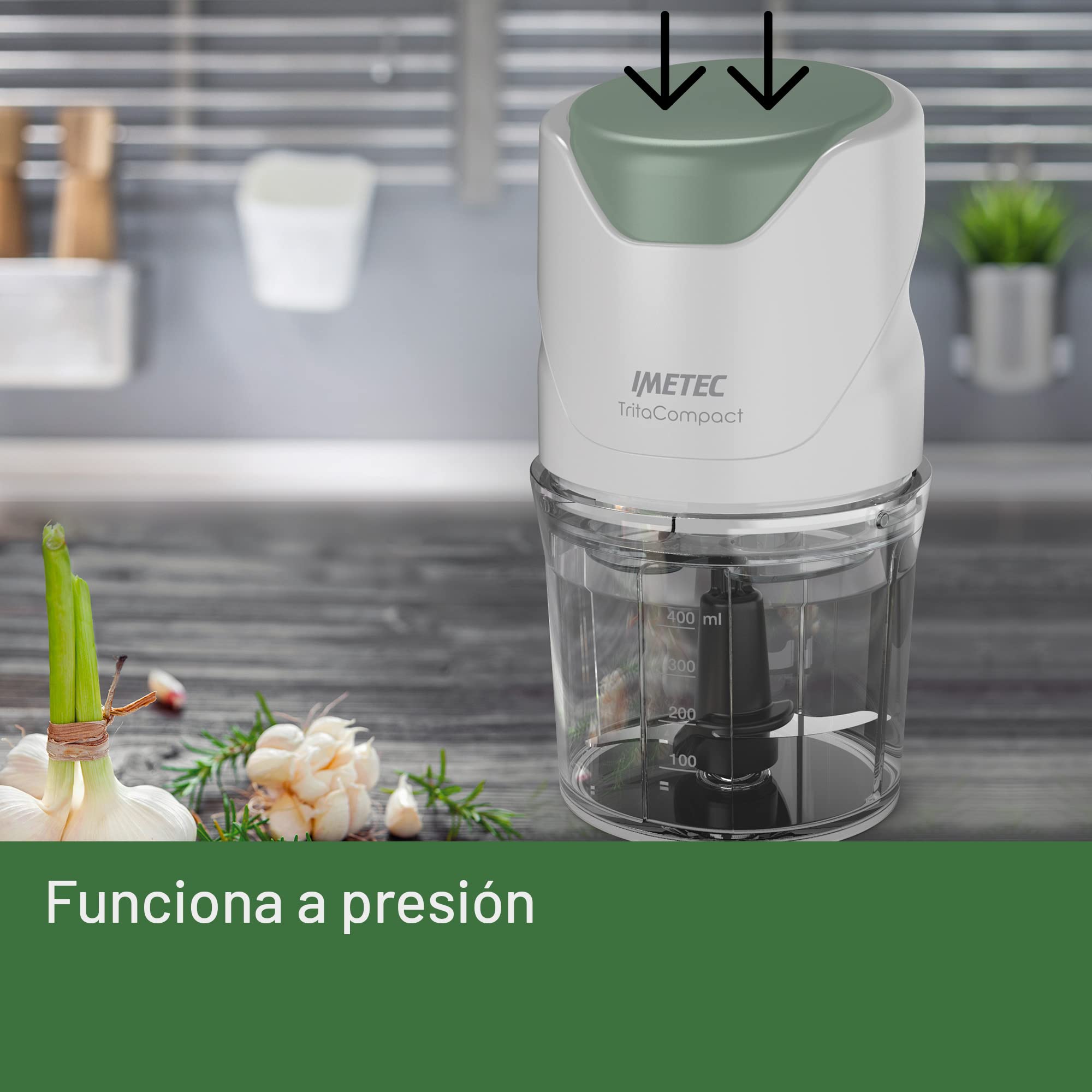 Imetec TritaCompact, Procesador de alimentos, Picadora con 2 cuchillas de acero inoxidable, recipiente de 400 ml, funcionamiento a presión, compacta, 350 W, Libre BPA