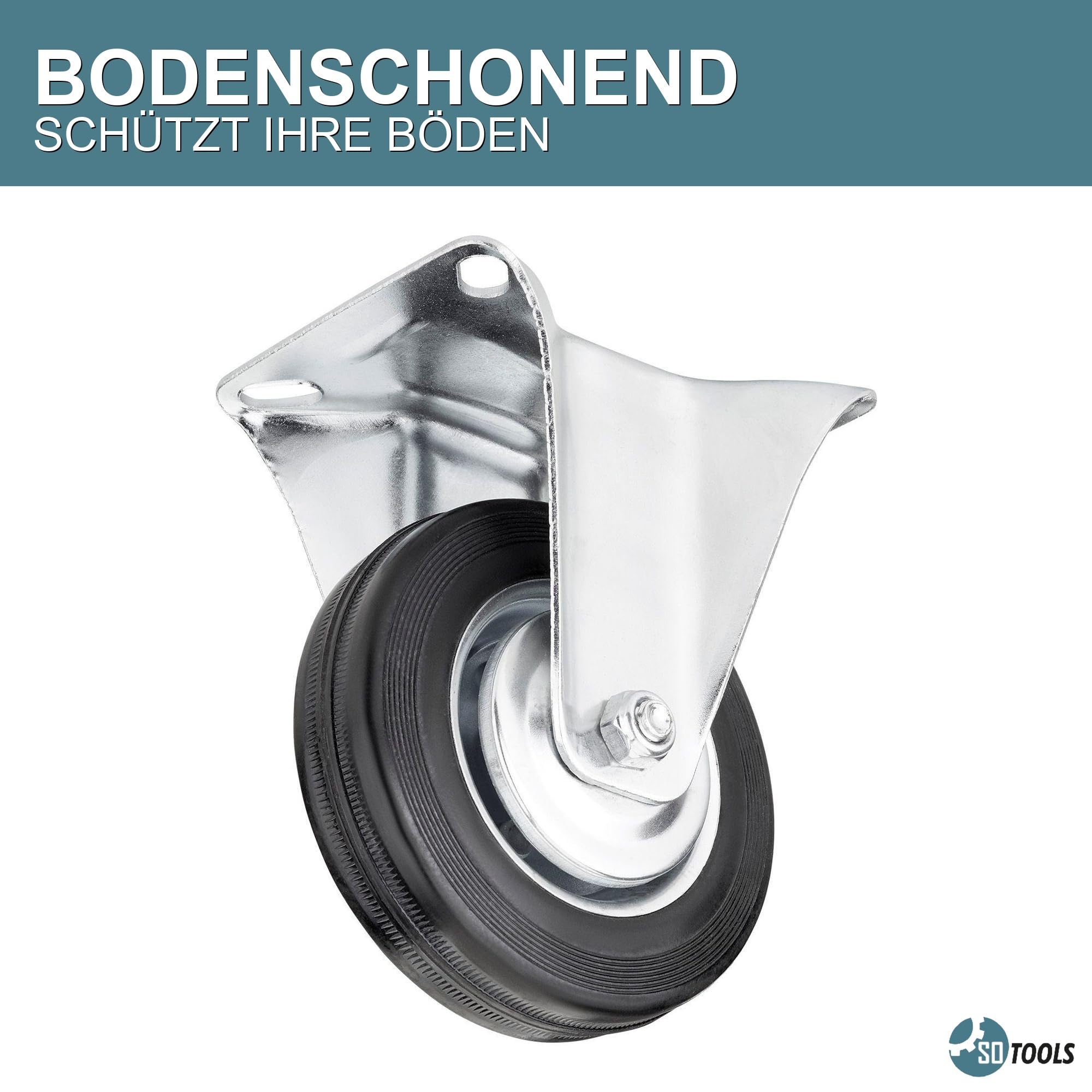 SOTOOLS 4er Set Schwerlastrollen MOVEX | Ø 16 cm Gummi-Laufrolle, Höhe 19.6 cm | 2x Lenkrolle mit Bremse, 2x Bockrolle, 440 kg Traglast - Für Möbel, Werkbänke & Industrie