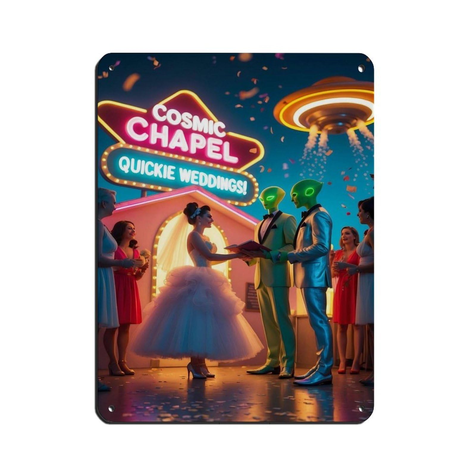 Retro Futuristic Alien Wedding Scene Retro Poster Metal Tin Sign Chic Art Retro Iron Painting Bar People Cave Cafe Family Garage Poster Wall Decoration 12x16inch(30x40cm)