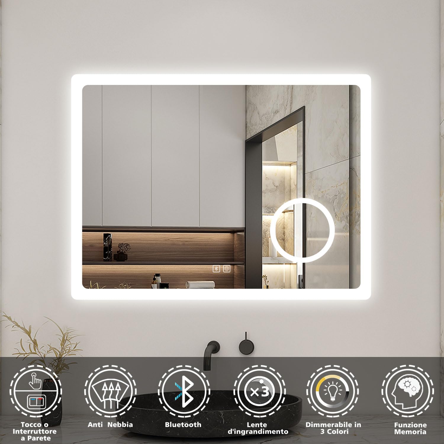 Specchio LED Da Bagno 81,3x91,4 Cm – Retroilluminazione RGB Multicolore, Antiappannamento, Vetro Temperato E Luci Dimmerabili
