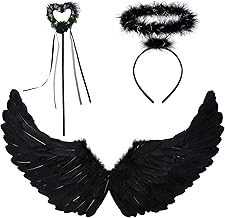 3pc Dark Angel Costume for Women - Black Angel Wings, Angel Halo Headband and Fairy Wand Angel Accessories for Fallen Angel Costume Women - Angel Halloween Costumes for Women