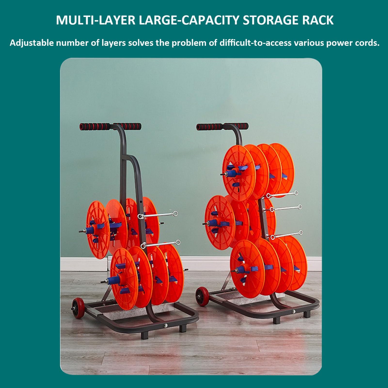 Carrello portacavi portatile, Distributore per avvolgicavo multi-bobina per impieghi gravosi con vassoio portaoggetti, Supporto per avvolgicavo multi-asse, Carrello porta-bobina per cavi elettrici