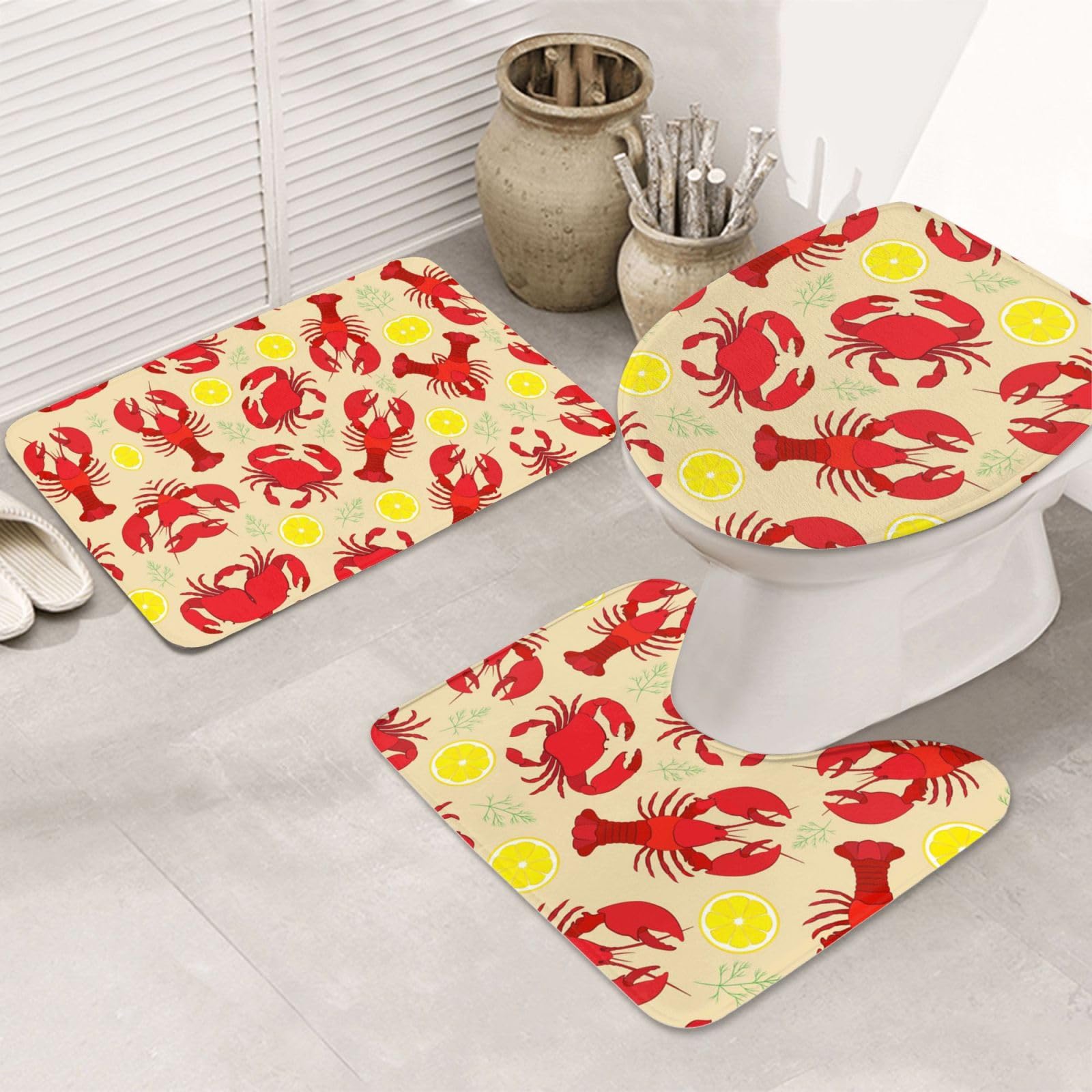 Set di 3 tappetini da bagno con motivo aragosta e granchio, in flanella, morbida, antiscivolo, con coperchio, per decorare la casa