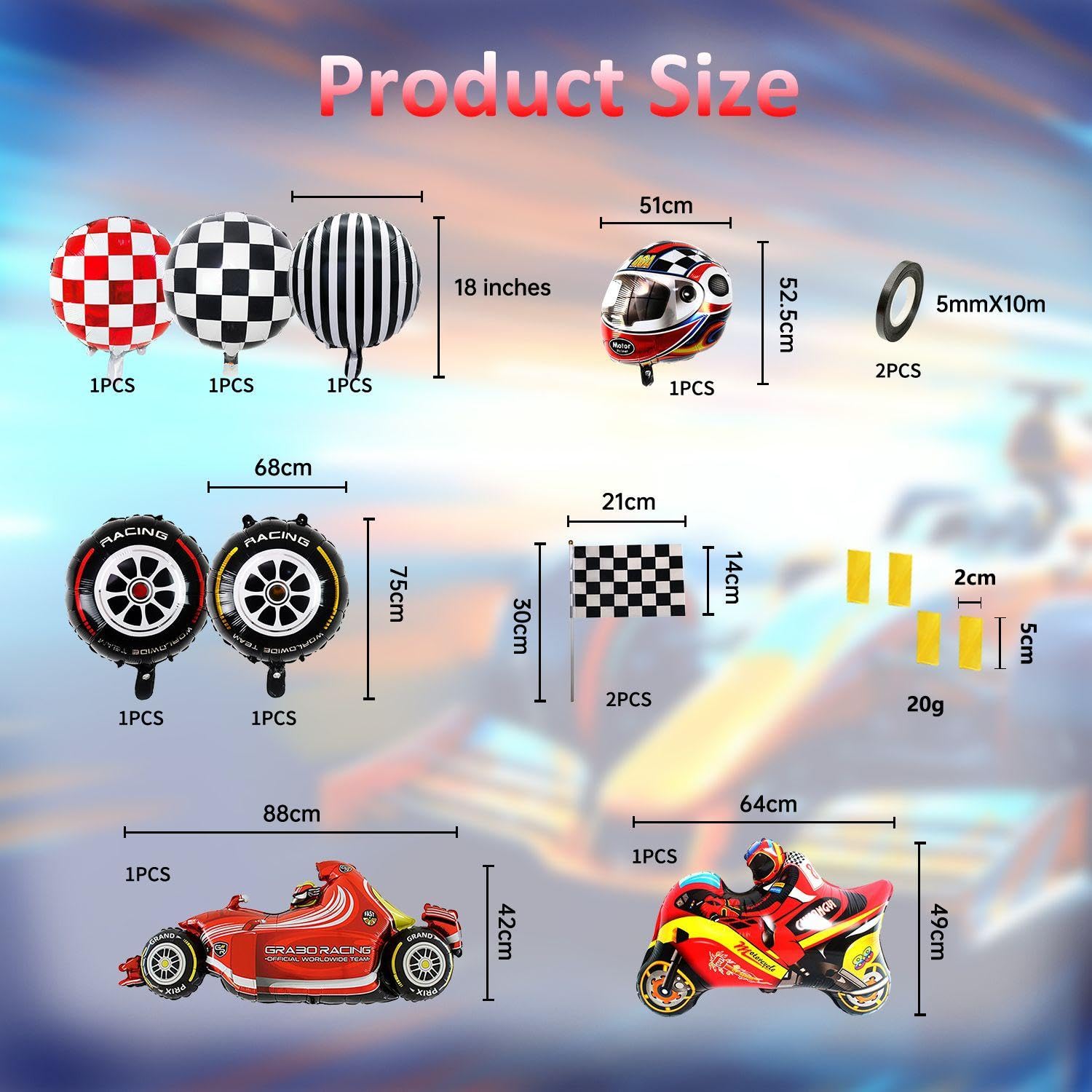 8 Pieces Of Racing Theme Balloons, 2 Pieces Of Hand-Waving Flags, 20G Of Confetti, 2 Rolls Of Balloon Ribbons - Image 2