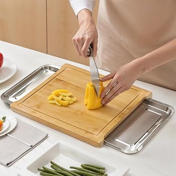 Greenfields Organic Bamboo Cutting Board | Chopping Board with 2 Sliding Stainless Steel Trays | Board with Deep Juice Grooves,Knife-Friendly,Antibacterial Wood | Perfect for Meat, Vegetables or Bread