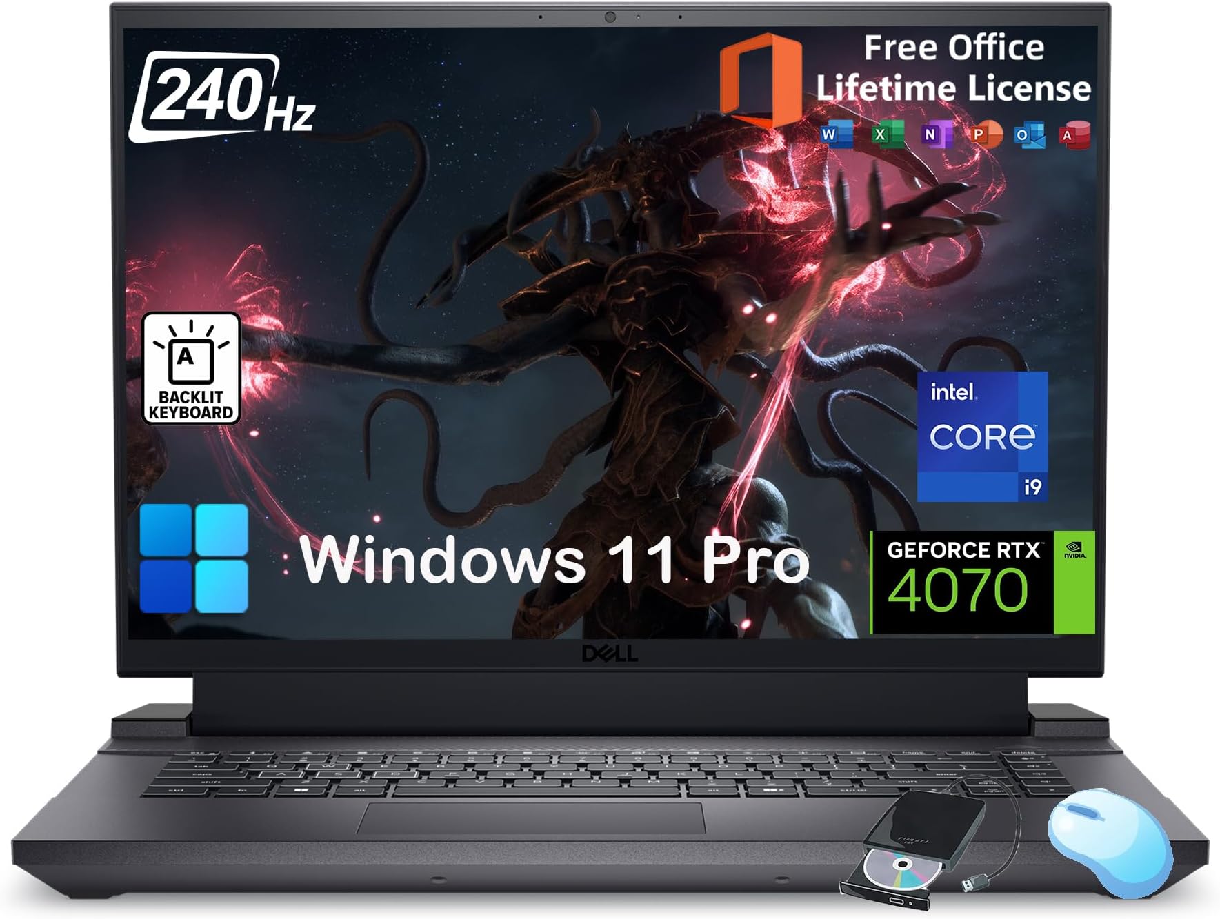 Dell G16 7630 Gaming Laptop - NVIDIA GeForce RTX 4070, 16" 16:10 QHD+ 240Hz Display, Office Lifetime, Intel 24 Core i9-13900HX, Windows 11 Pro, Backlit KB, External DVD Drive, 64GB DDR5 RAM, 1TB SSD