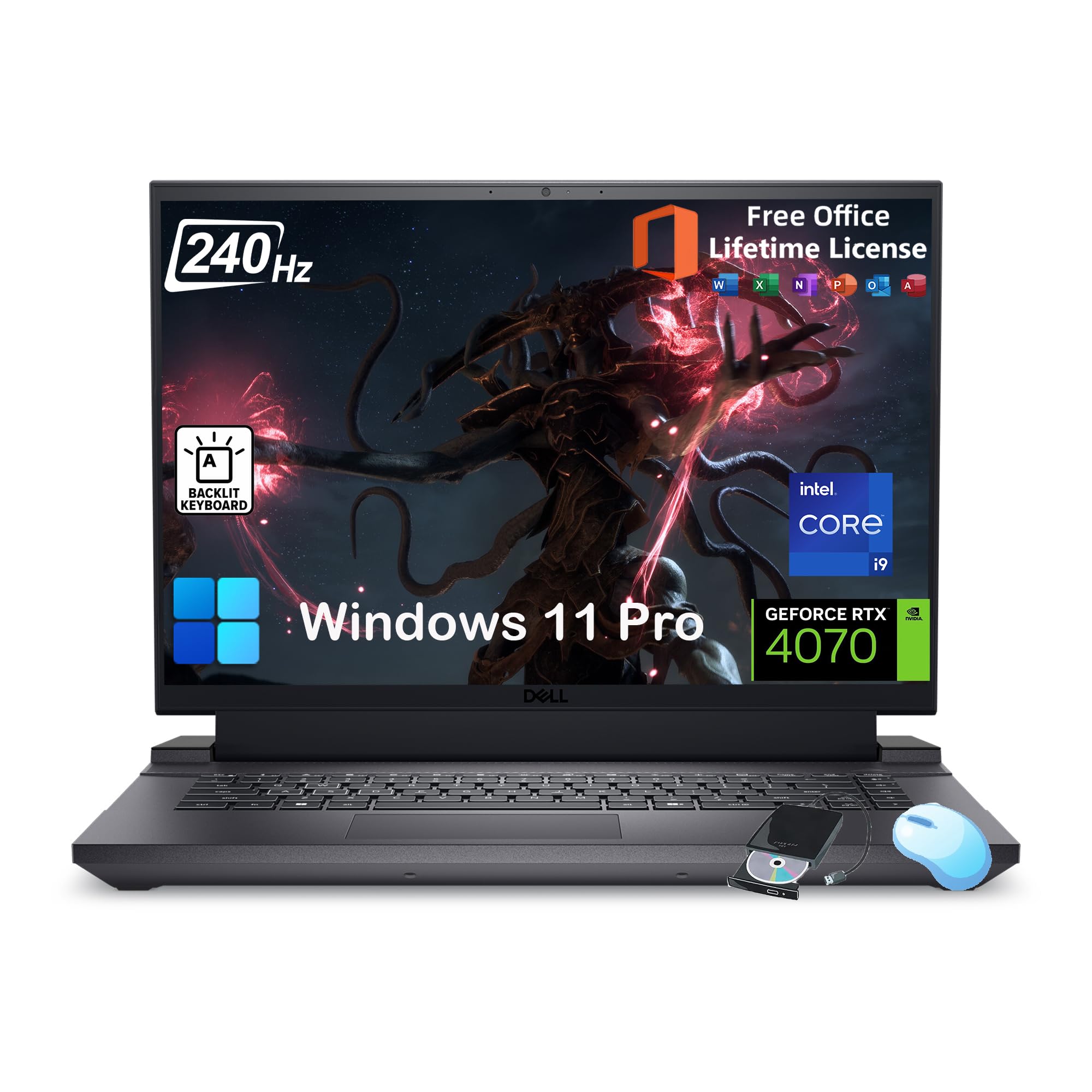 Dell G16 7630 Gaming Laptop - NVIDIA GeForce RTX 4070, 16" 16:10 QHD+ 240Hz Display, Office Lifetime, Intel 24 Core i9-13900HX, Windows 11 Pro, Backlit KB, External DVD Drive, 32GB DDR5 RAM, 1TB SSD