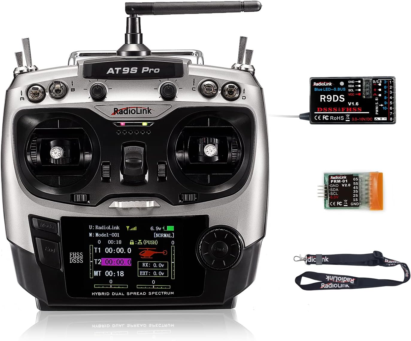 Radiolink AT9S Pro 10/12 Channels 2.4G RC Radio Transmitter and Receiver R9DS with PRM-01 Real-time Airplane Battery Monitor Telemetry Module, (Mode 2 Left Hand) : Toys & Games
